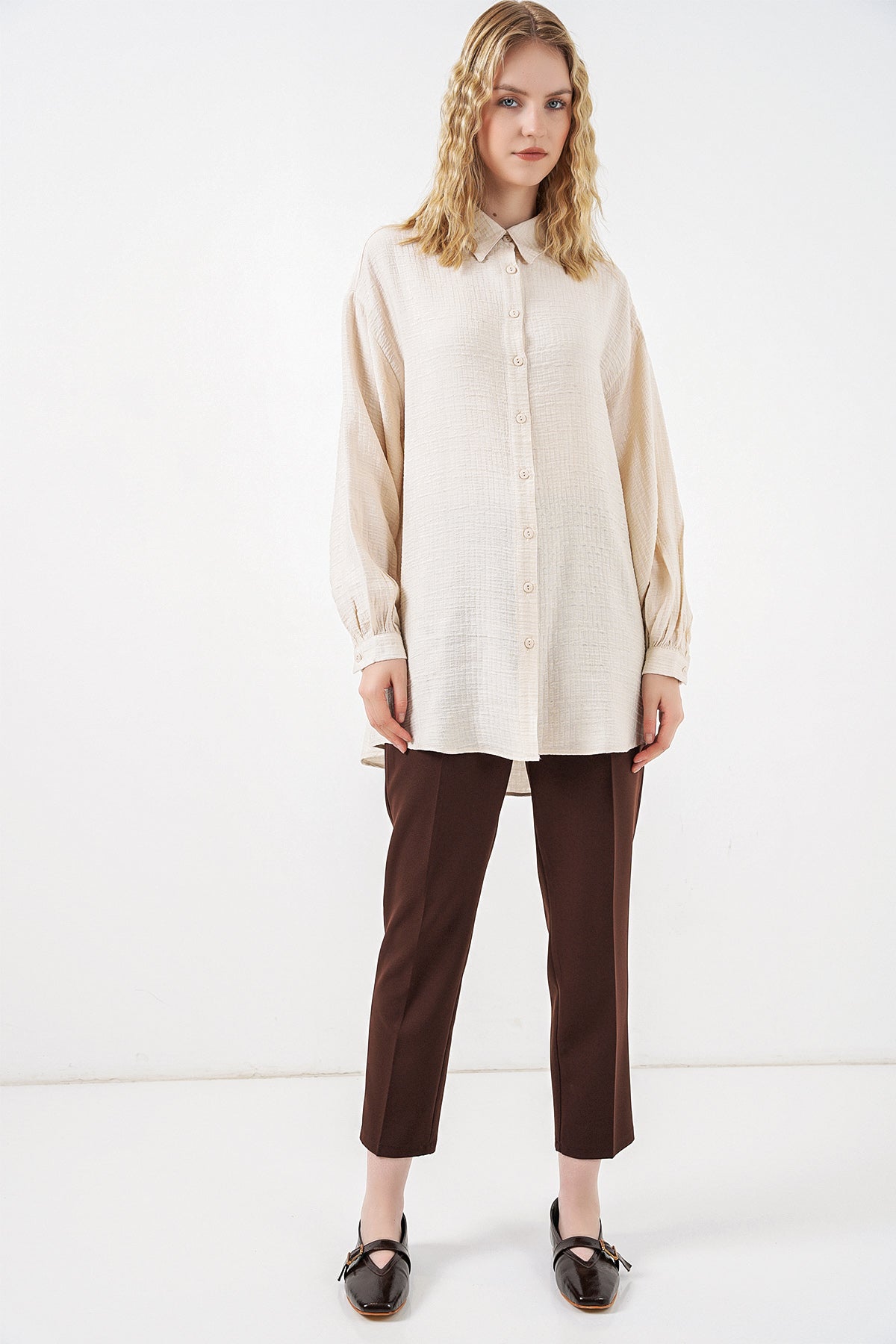 Image of Kadın Dokulu Oversize Tunik 5989 - Krem