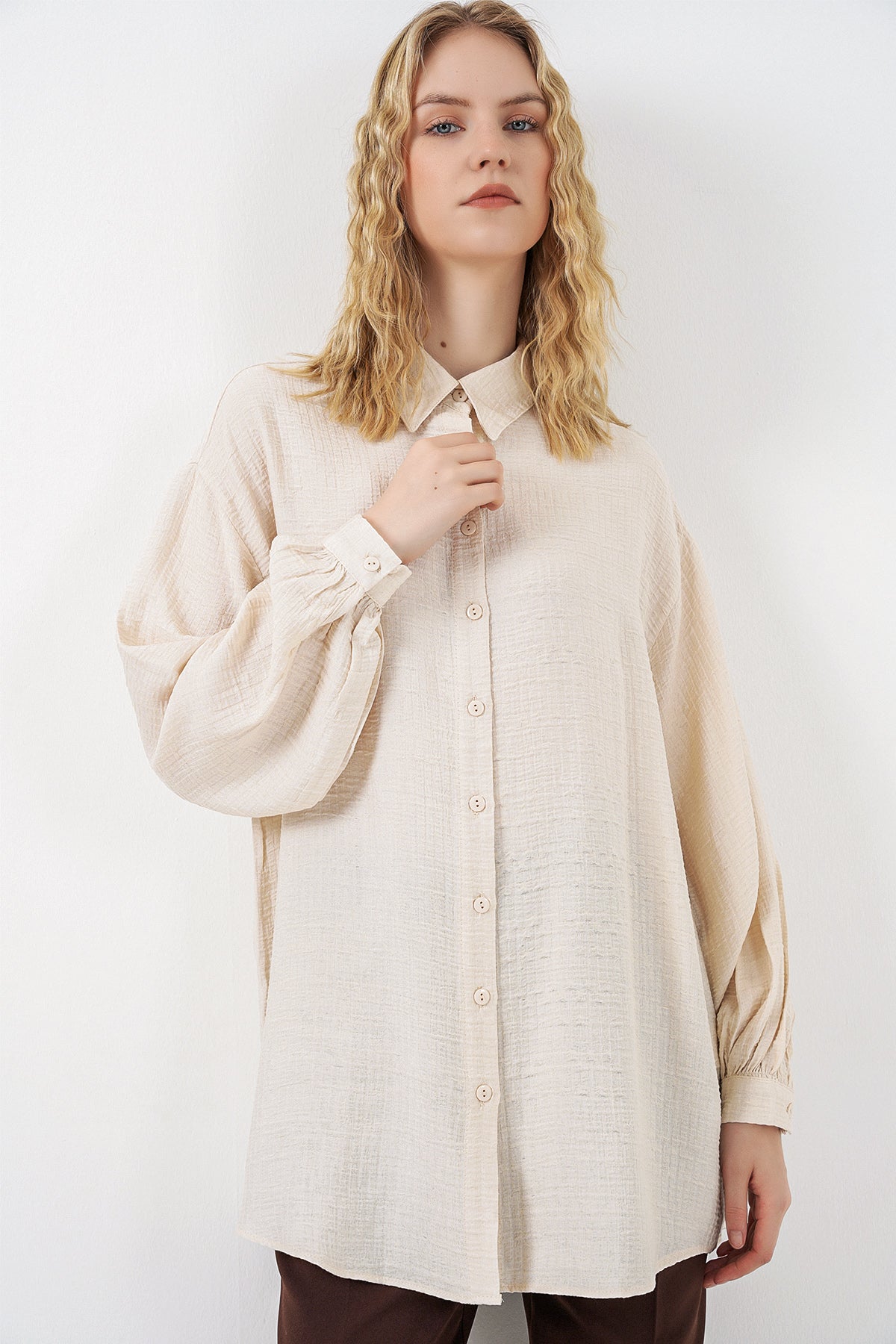 Image of Kadın Dokulu Oversize Tunik 5989 - Krem
