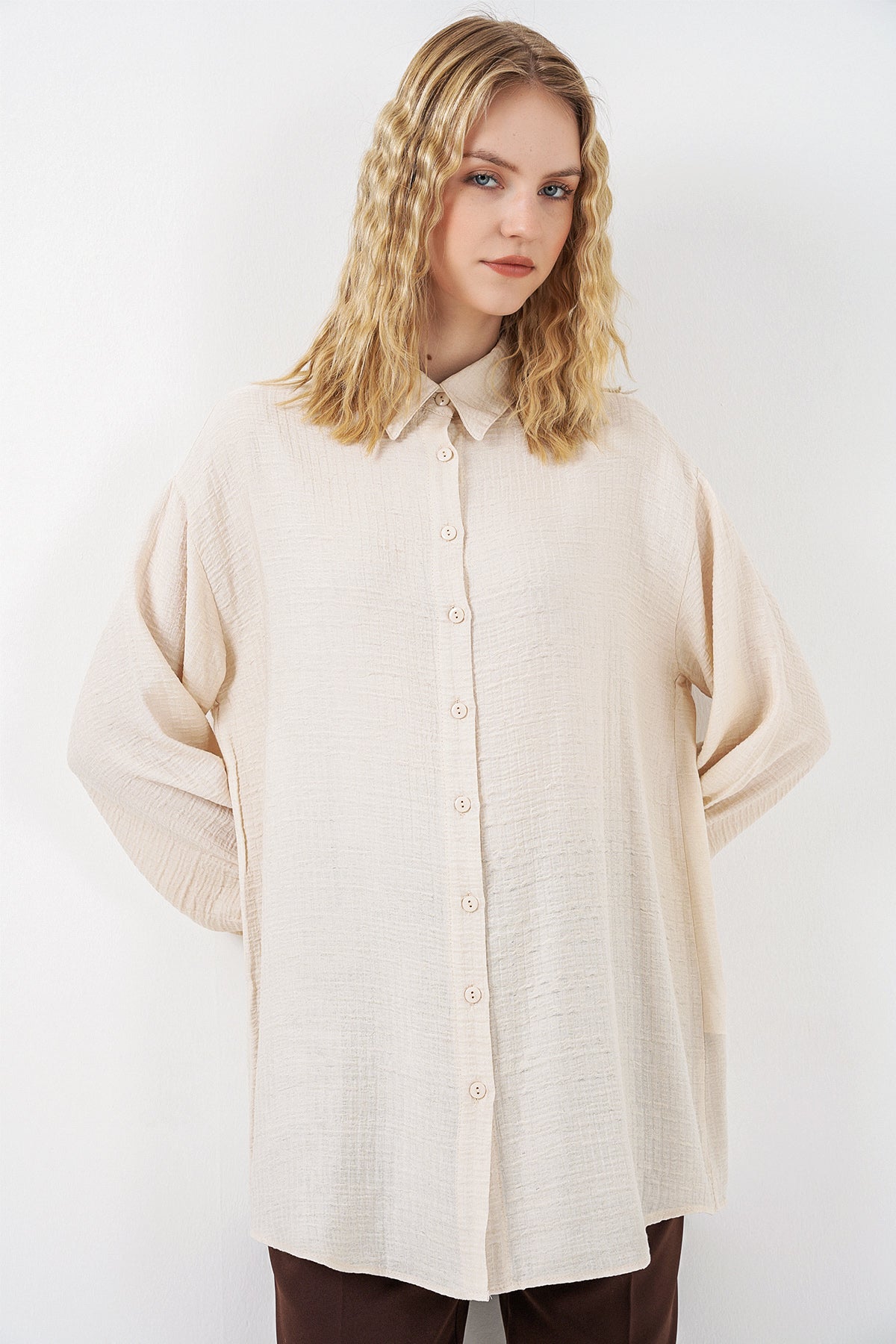 Image of Kadın Dokulu Oversize Tunik 5989 - Krem