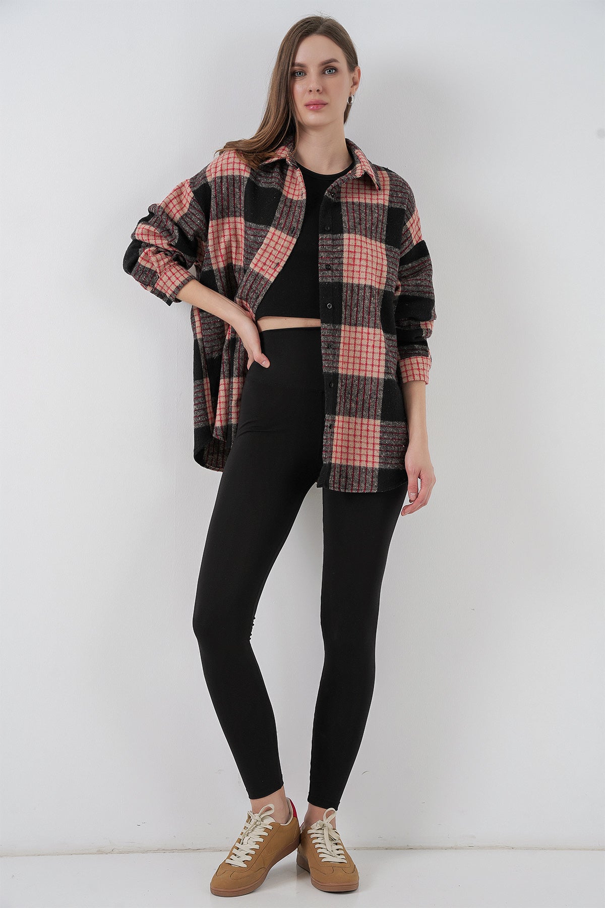 Image of Cămașă Lumberjack supradimensionată cu model în carouri pentru femei 3854 A.Pudră
