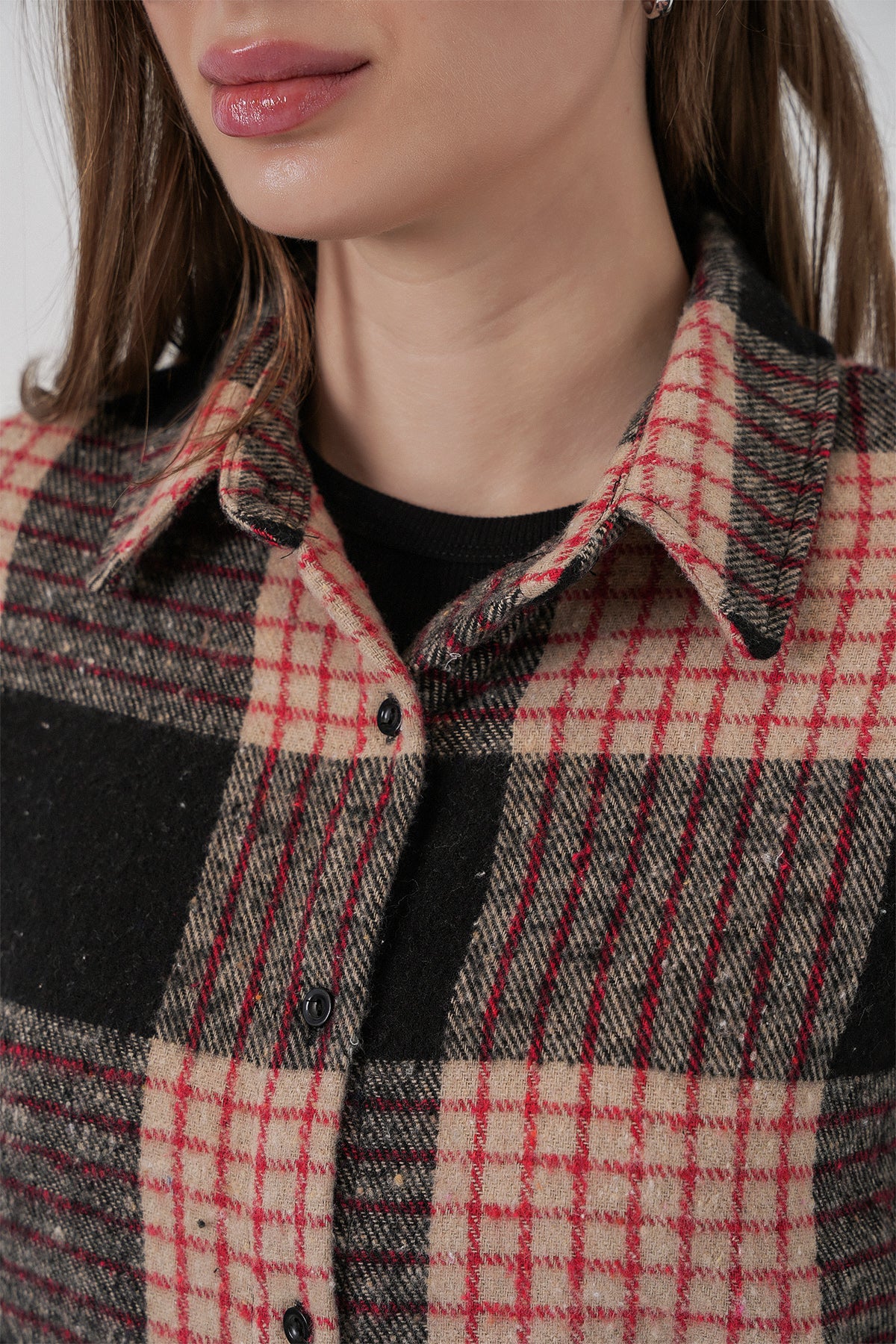 Image of Cămașă Lumberjack supradimensionată cu model în carouri pentru femei 3854 A.Pudră