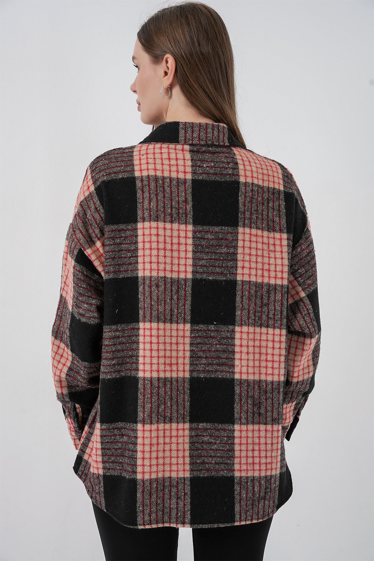 Image of Cămașă Lumberjack supradimensionată cu model în carouri pentru femei 3854 A.Pudră