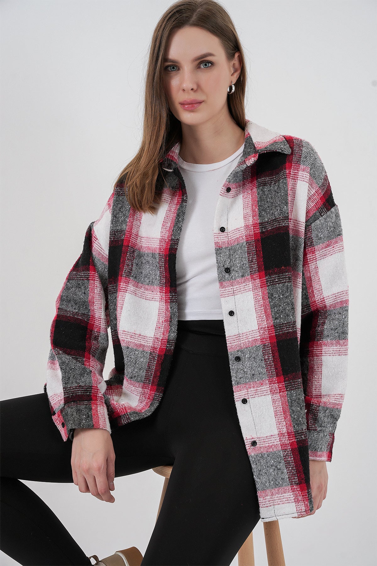 Image of Kadın Ekose Desen Oversize Oduncu Gömlek 3854 Kiremit