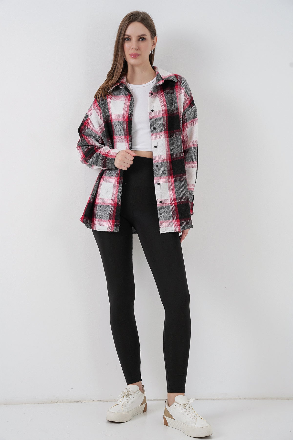 Image of Kadın Ekose Desen Oversize Oduncu Gömlek 3854 Kiremit
