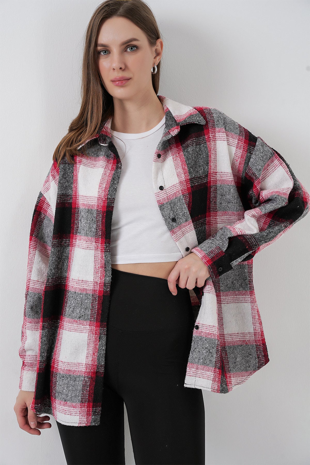 Image of Kadın Ekose Desen Oversize Oduncu Gömlek 3854 Kiremit