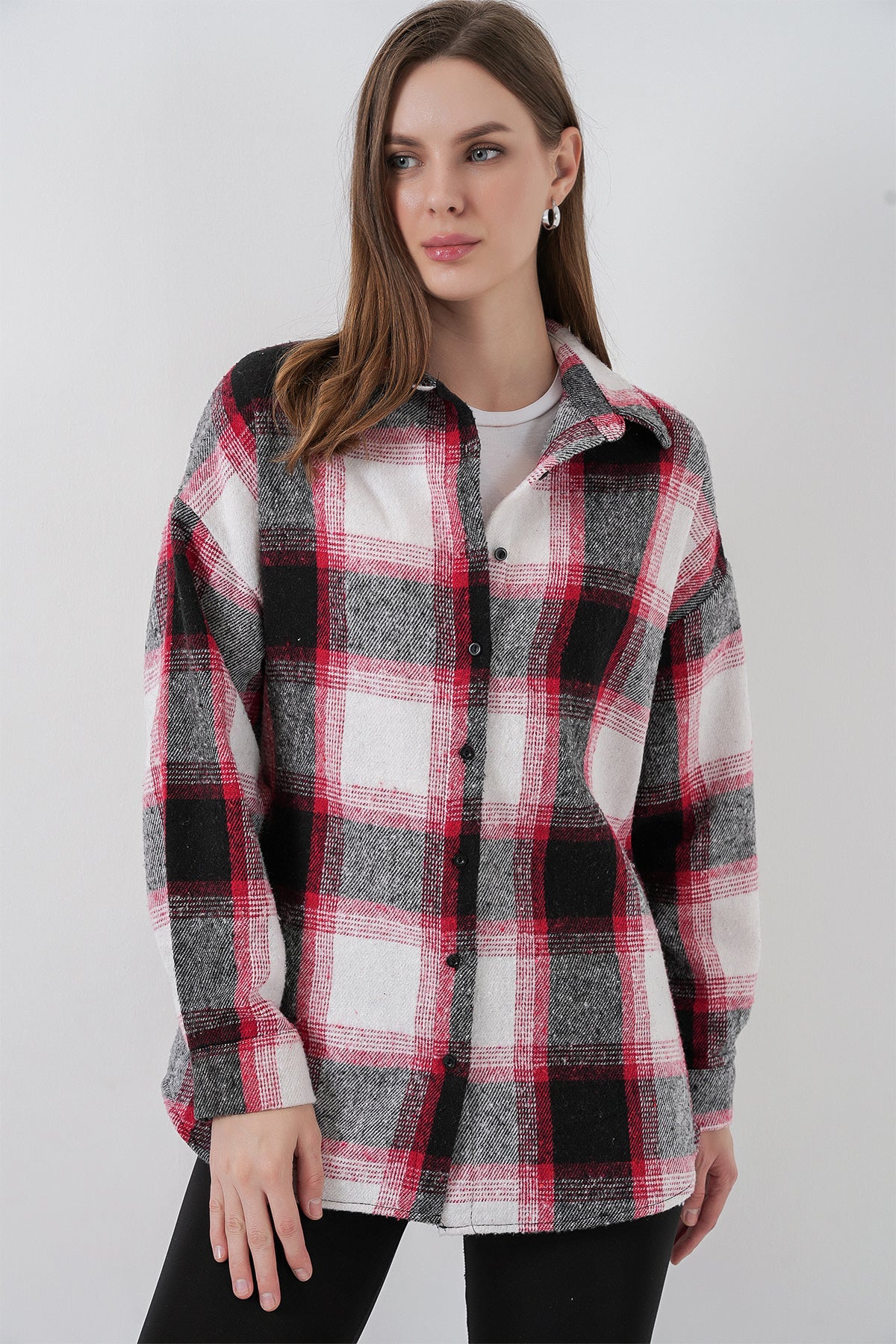 Image of Kadın Ekose Desen Oversize Oduncu Gömlek 3854 Kiremit