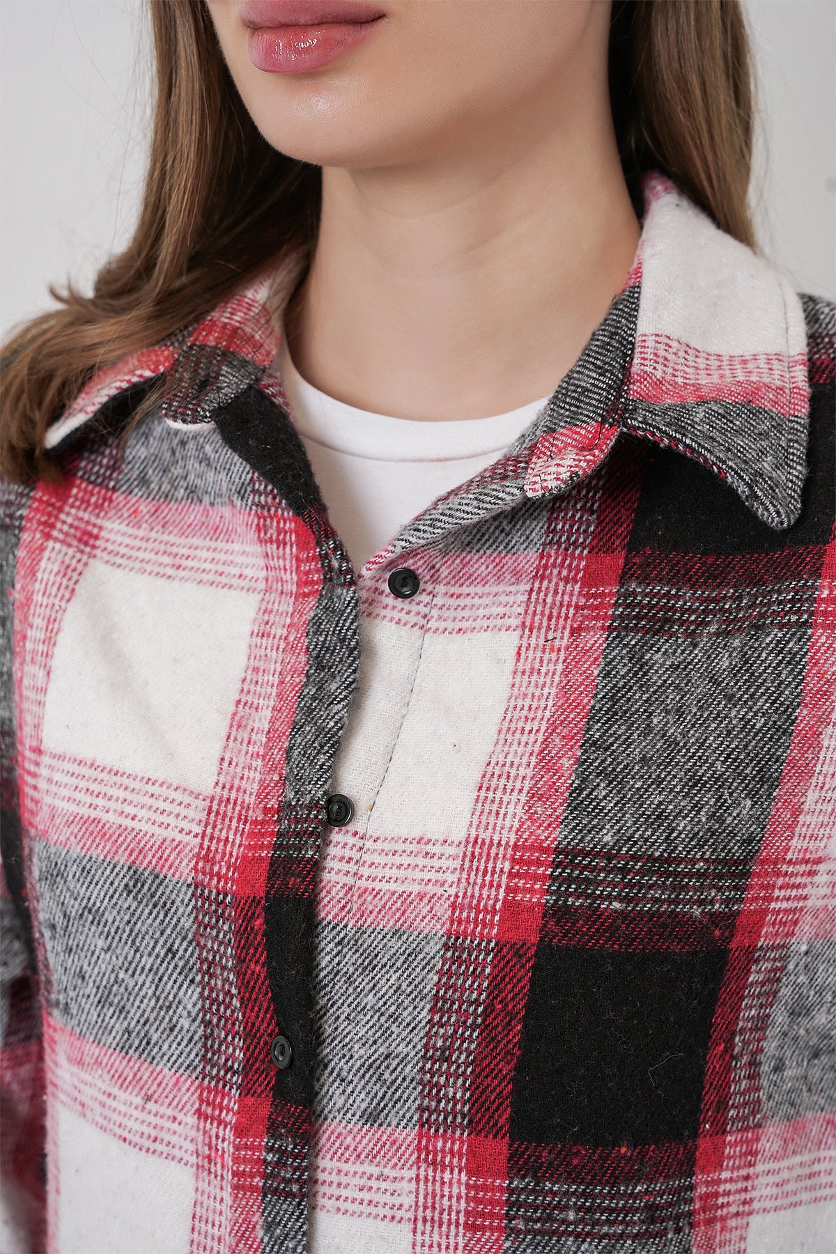 Image of Kadın Ekose Desen Oversize Oduncu Gömlek 3854 Kiremit