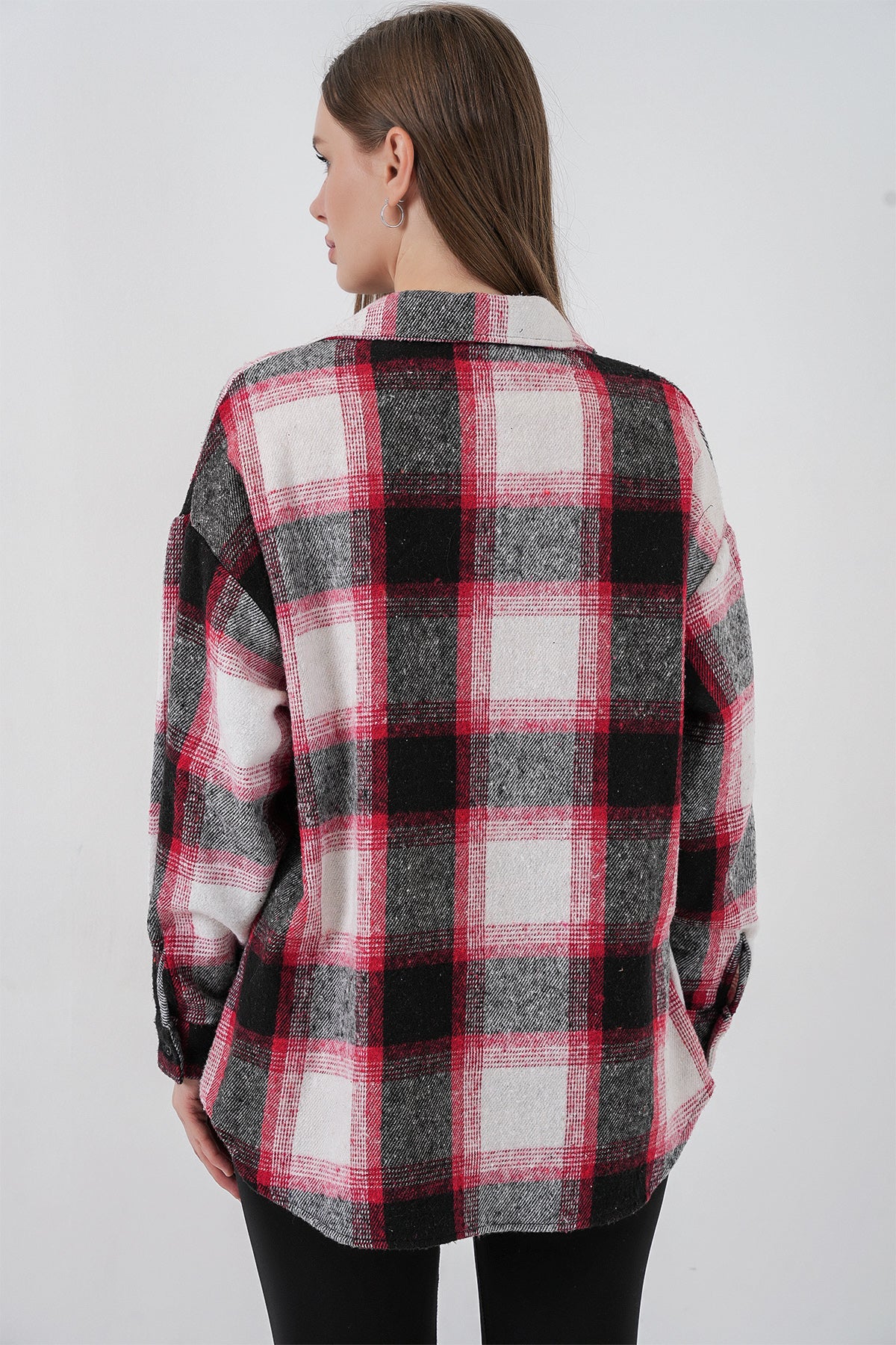 Image of Kadın Ekose Desen Oversize Oduncu Gömlek 3854 Kiremit