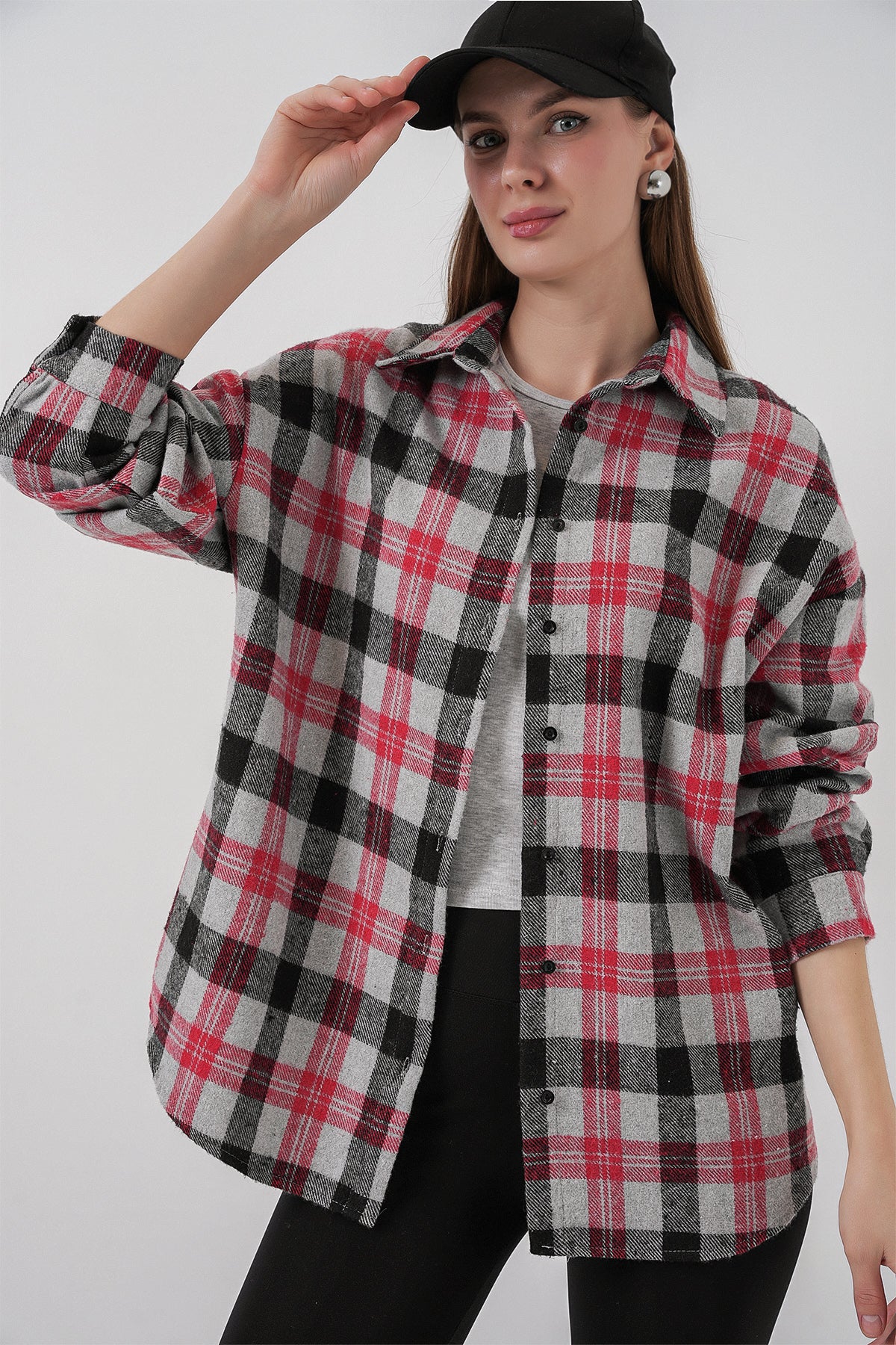 Image of Kadın Ekose Desen Oversize Oduncu Gömlek 3854 Nar