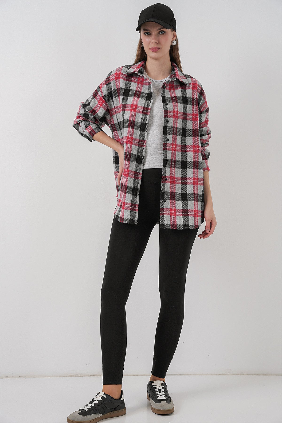 Image of Kadın Ekose Desen Oversize Oduncu Gömlek 3854 Nar