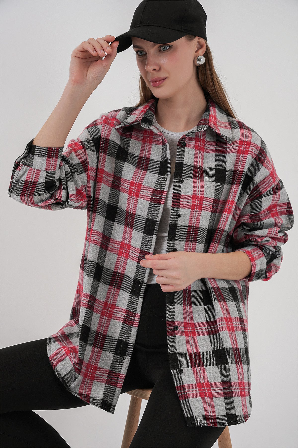 Image of Kadın Ekose Desen Oversize Oduncu Gömlek 3854 Nar