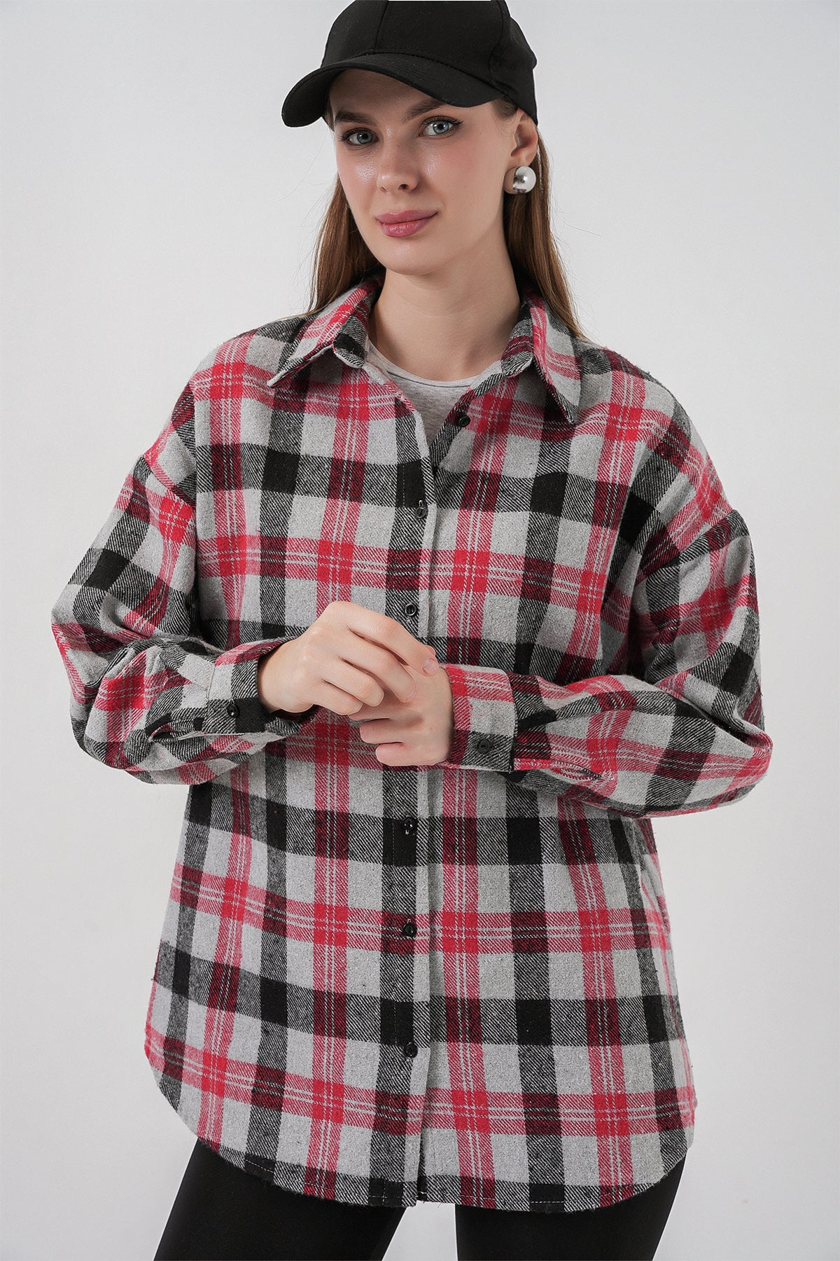 Image of Kadın Ekose Desen Oversize Oduncu Gömlek 3854 Nar