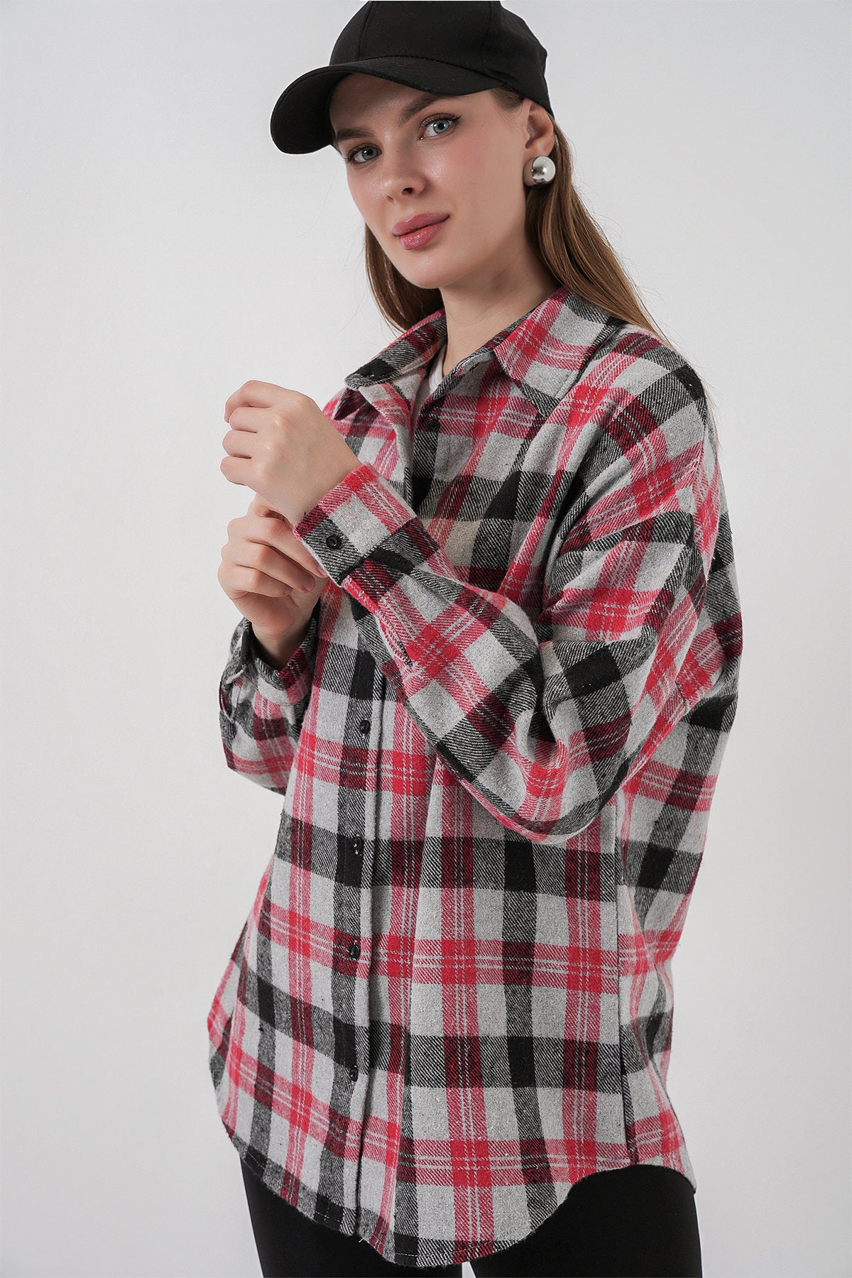 Image of Kadın Ekose Desen Oversize Oduncu Gömlek 3854 Nar