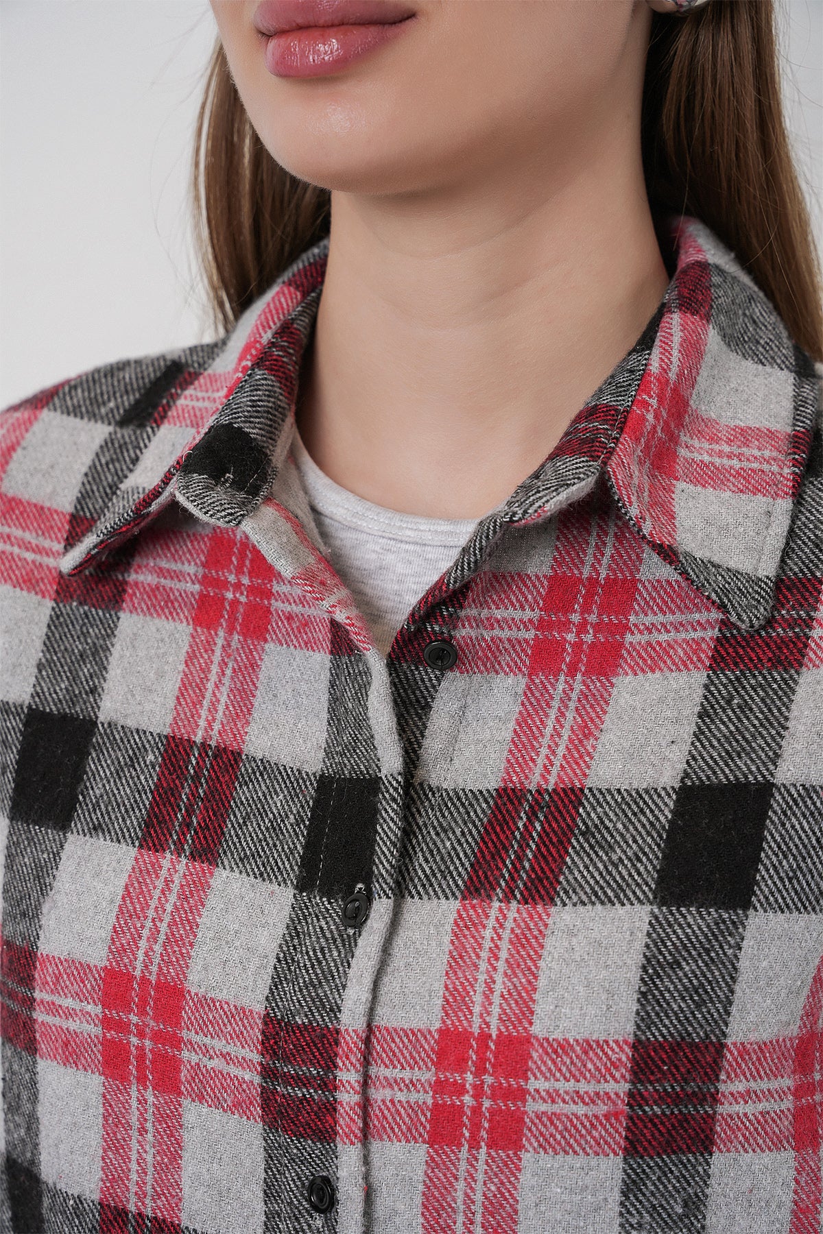 Image of Kadın Ekose Desen Oversize Oduncu Gömlek 3854 Nar