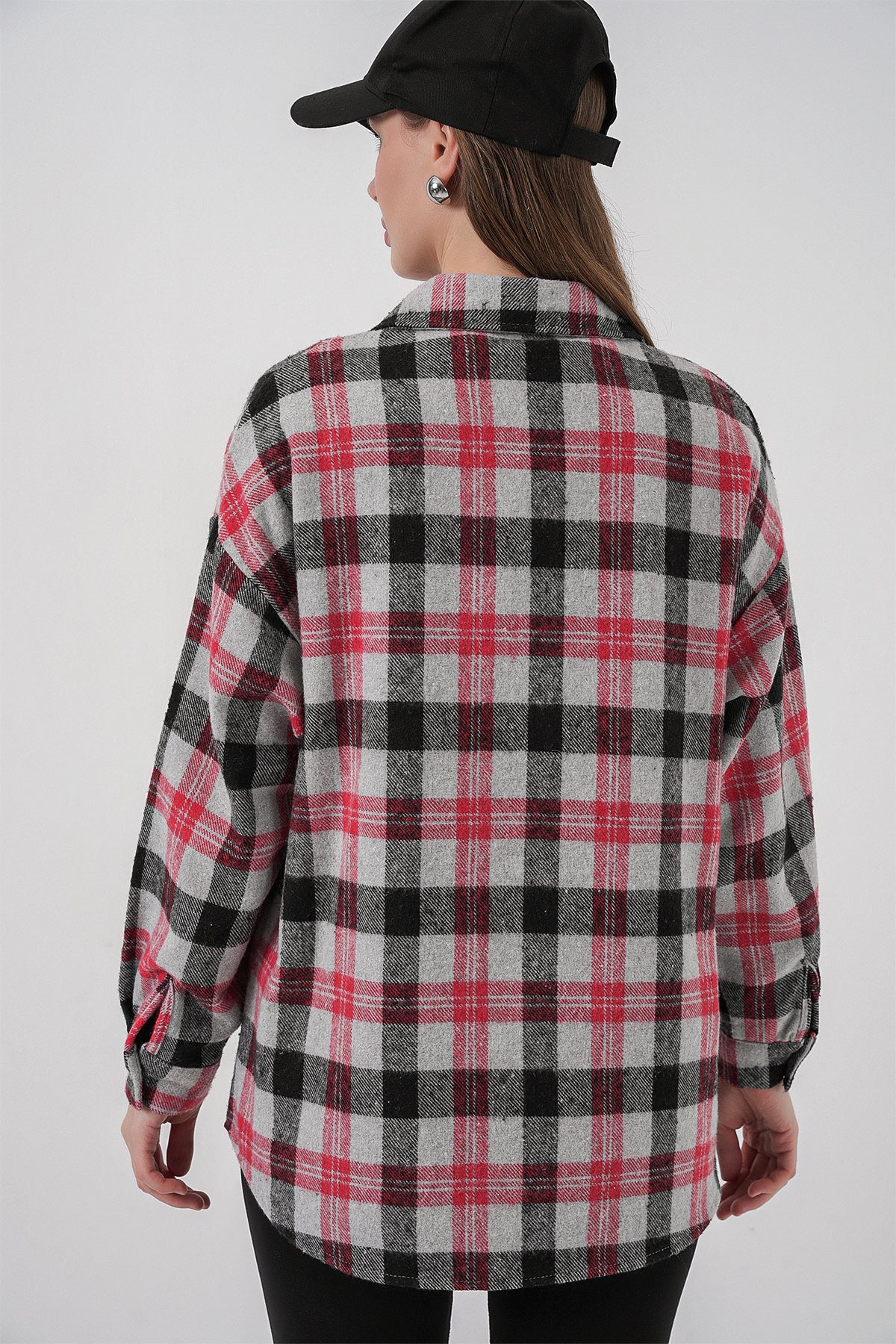 Image of Kadın Ekose Desen Oversize Oduncu Gömlek 3854 Nar