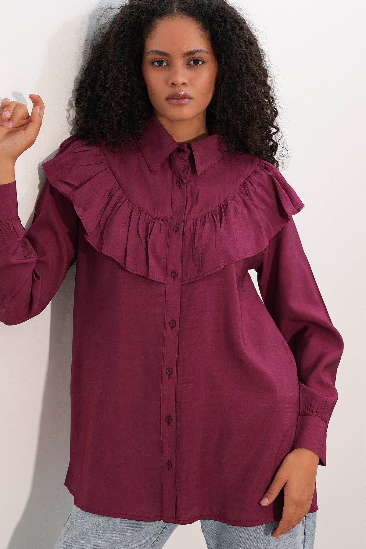 Image of Kadın Fırfır Detaylı Gömlek Tunik 5994 - Bordo