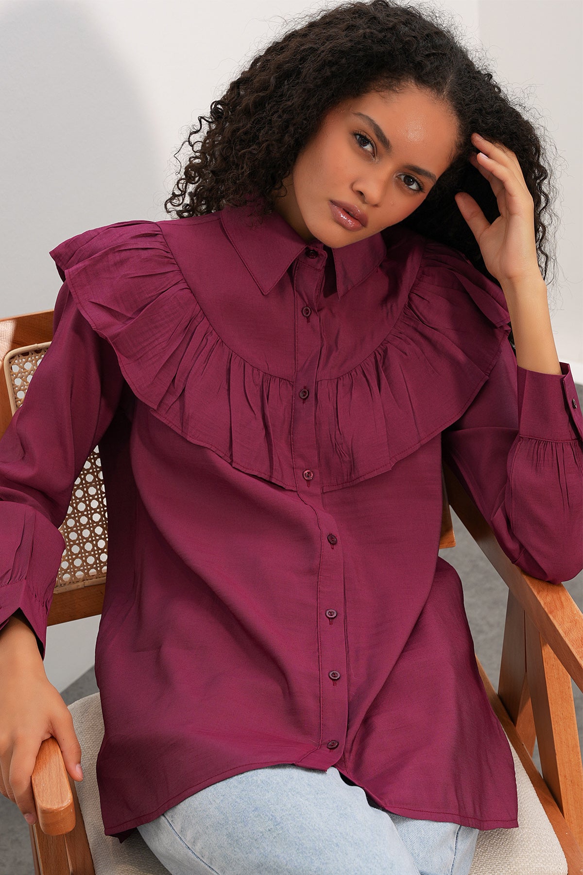 Image of Kadın Fırfır Detaylı Gömlek Tunik 5994 - Bordo