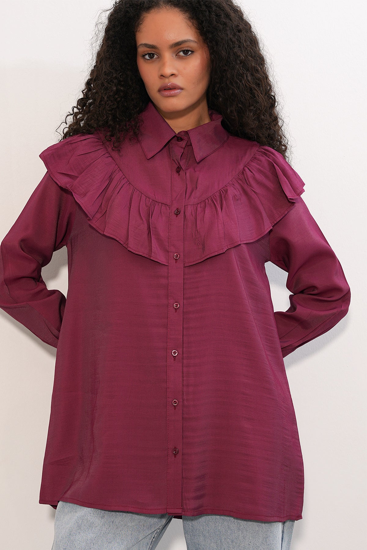 Image of Kadın Fırfır Detaylı Gömlek Tunik 5994 - Bordo