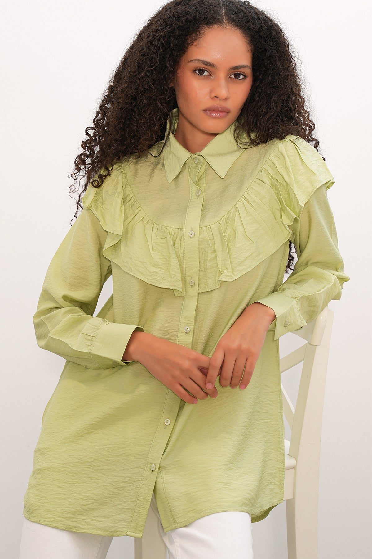 Image of Kadın Fırfır Detaylı Gömlek Tunik 5994 - E.Yeşil