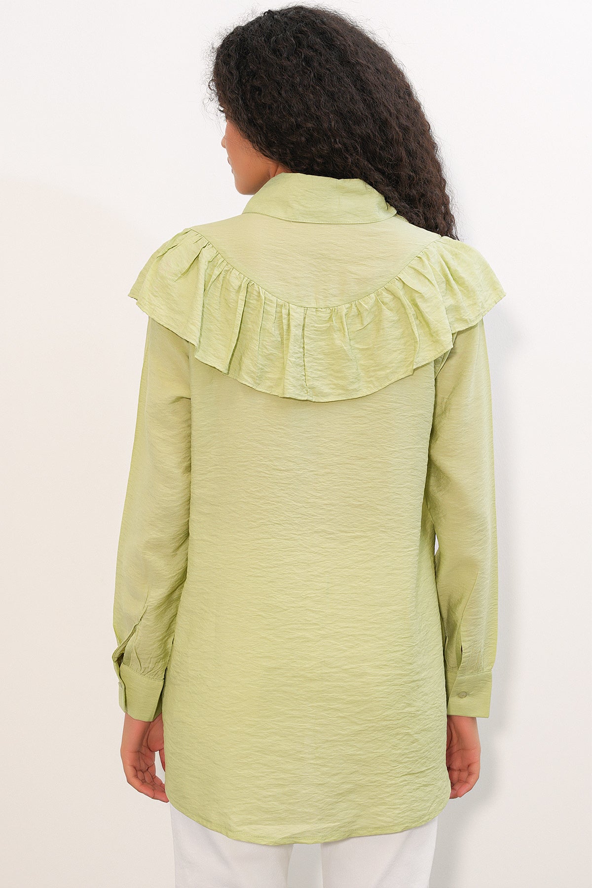 Image of Kadın Fırfır Detaylı Gömlek Tunik 5994 - E.Yeşil