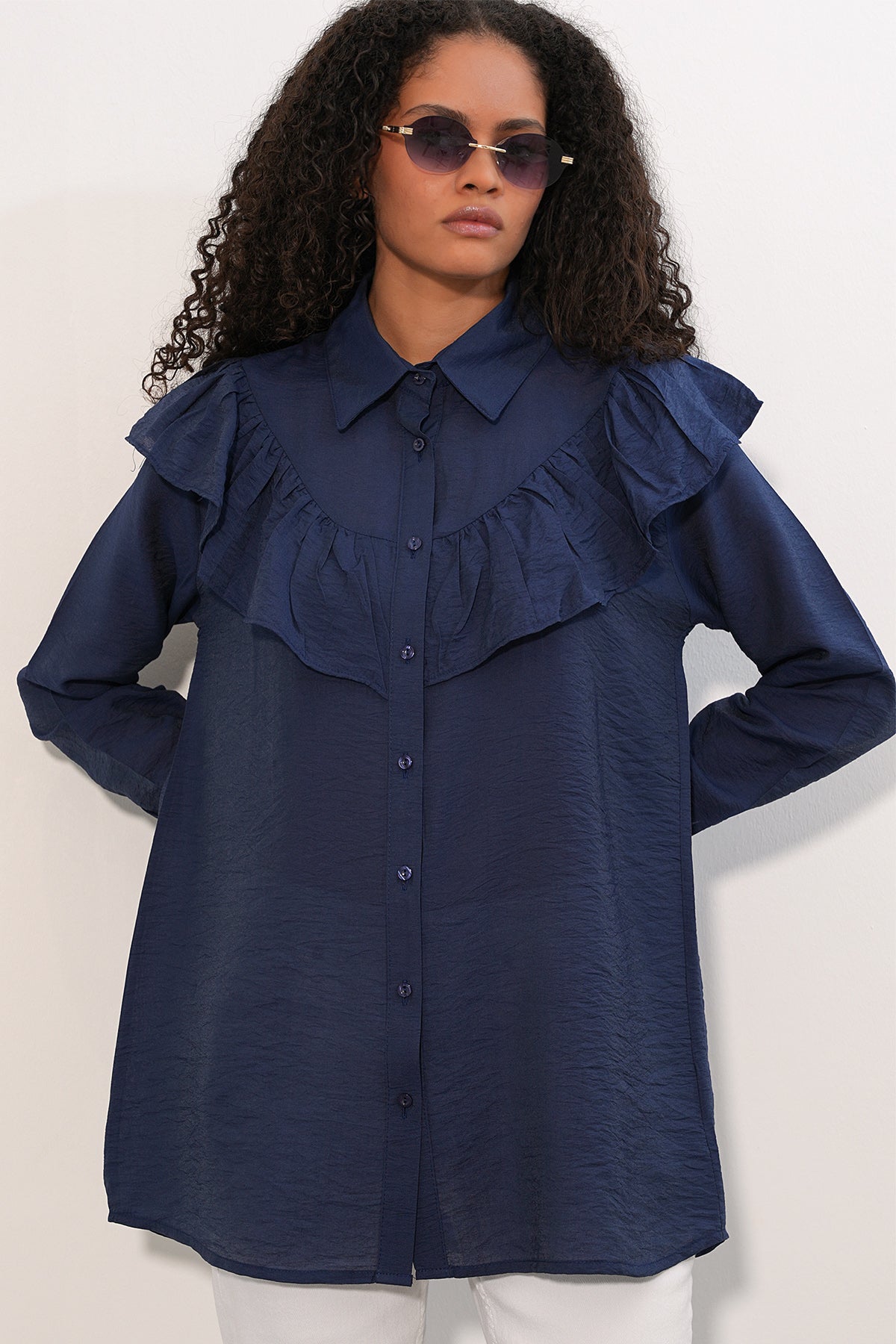 Image of Kadın Fırfır Detaylı Gömlek Tunik 5994 - Lacivert