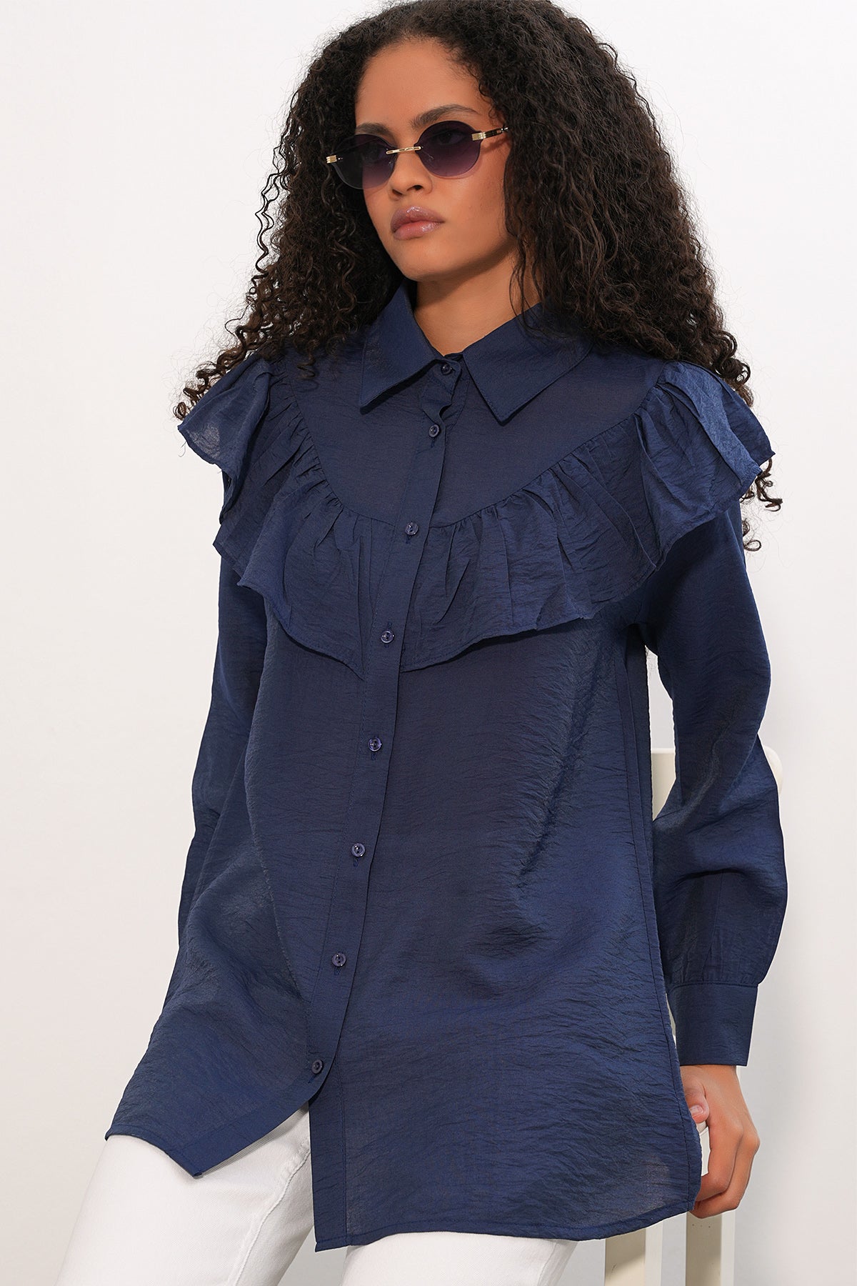 Image of Kadın Fırfır Detaylı Gömlek Tunik 5994 - Lacivert
