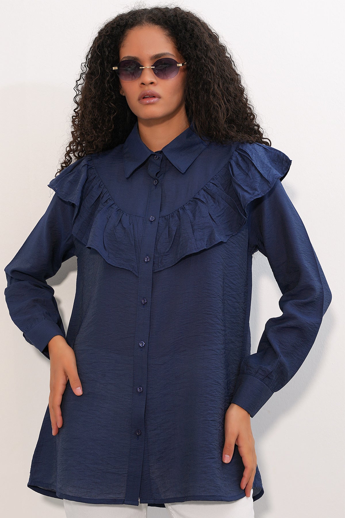 Image of Kadın Fırfır Detaylı Gömlek Tunik 5994 - Lacivert