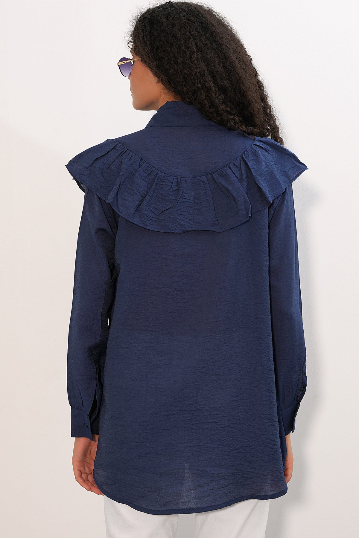 Image of Kadın Fırfır Detaylı Gömlek Tunik 5994 - Lacivert