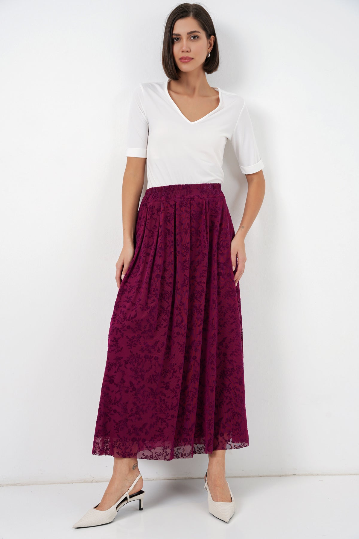 Image of Women's Flock Print Lined Skirt 8069 - Plum