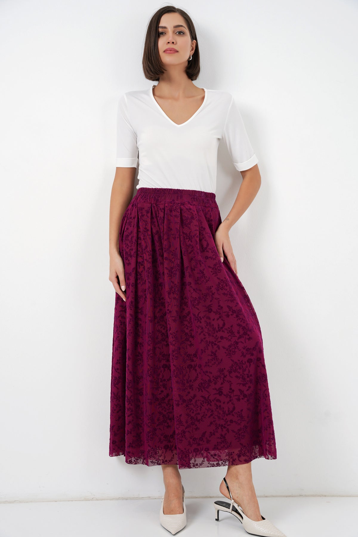 Image of Women's Flock Print Lined Skirt 8069 - Plum