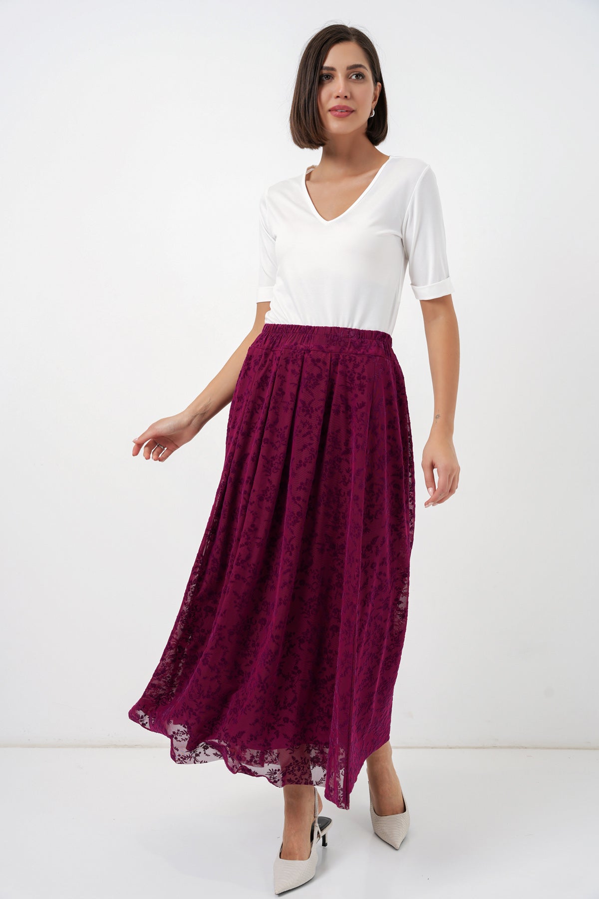 Image of Women's Flock Print Lined Skirt 8069 - Plum
