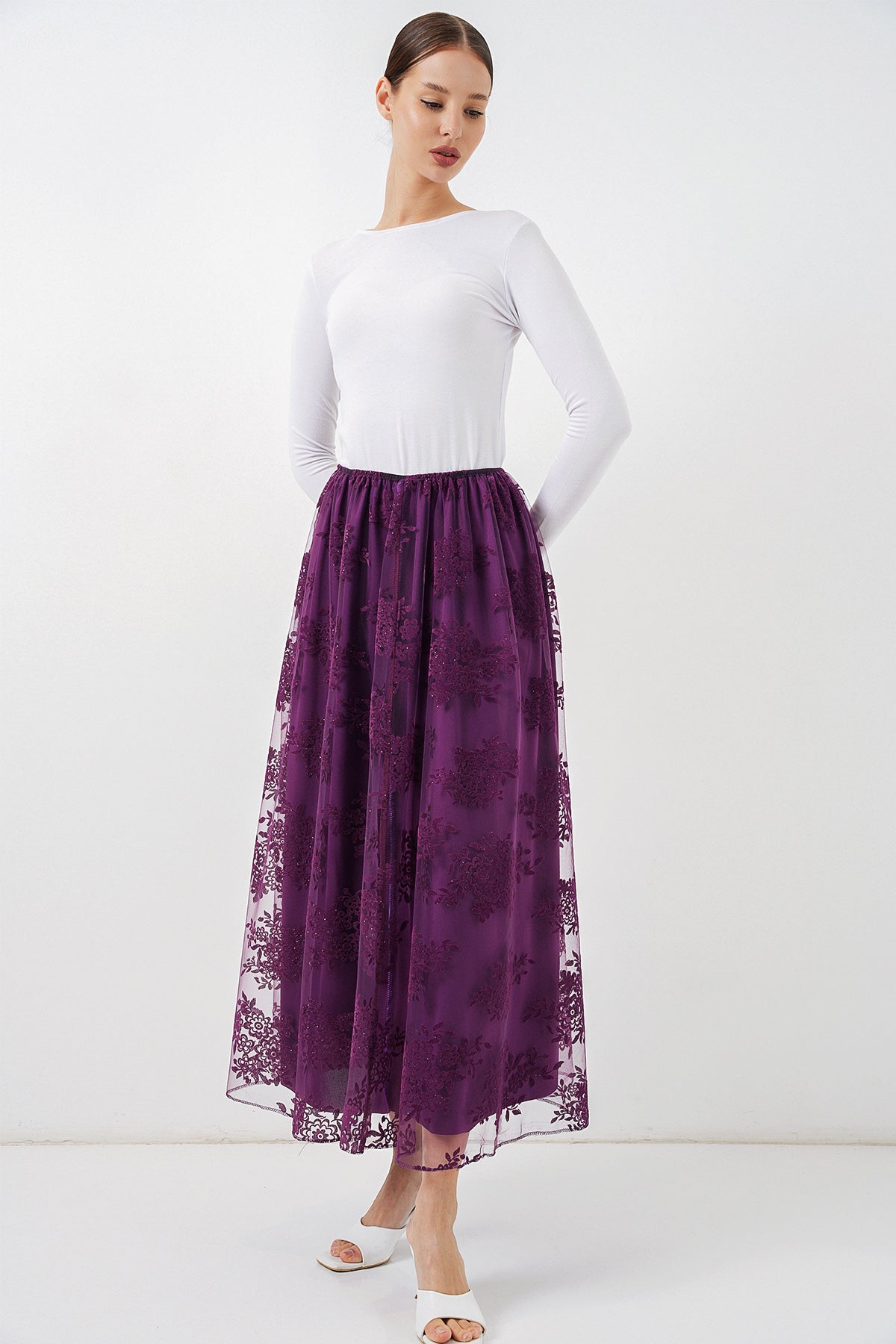 Image of Fustă lungă din tul cu imprimeu fulg pentru femei 8070 - Violet