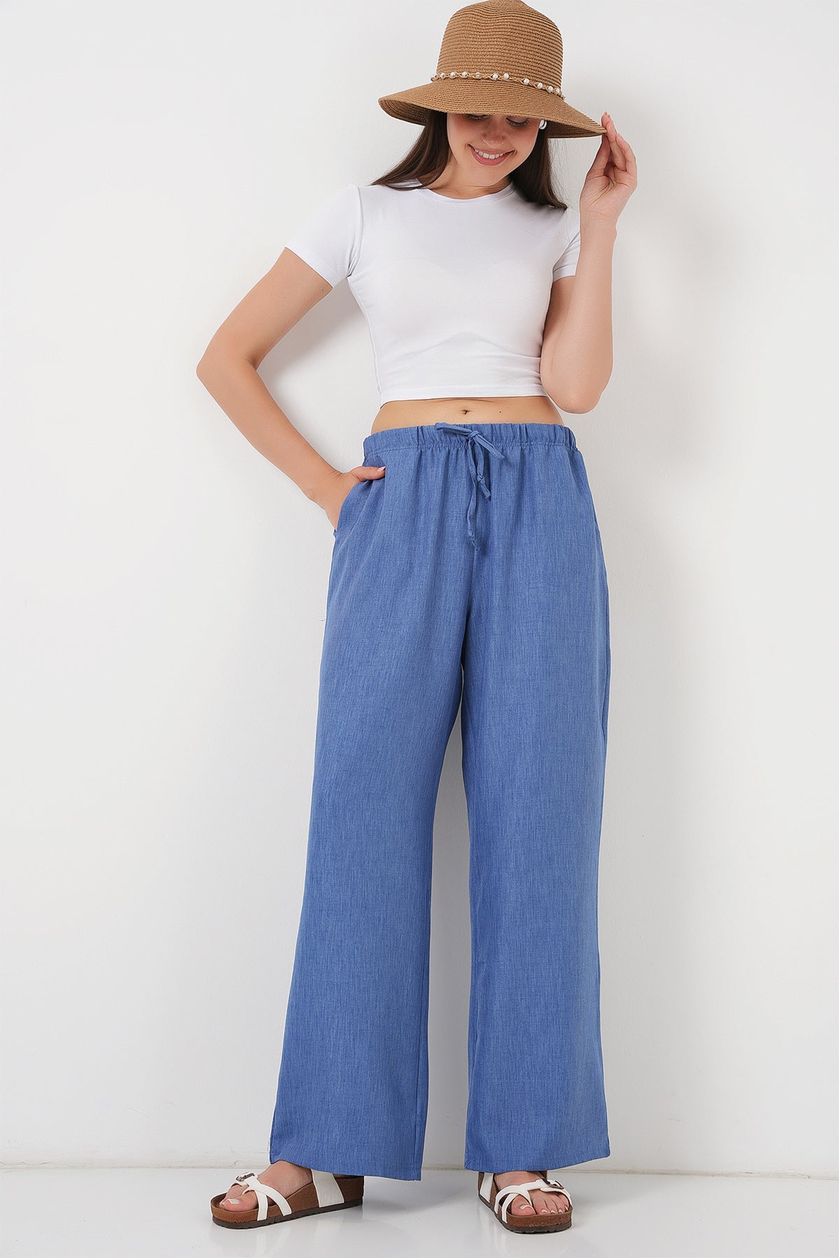Image of Kadın Geniş Paça Keten Pantolon 6735 - İndigo