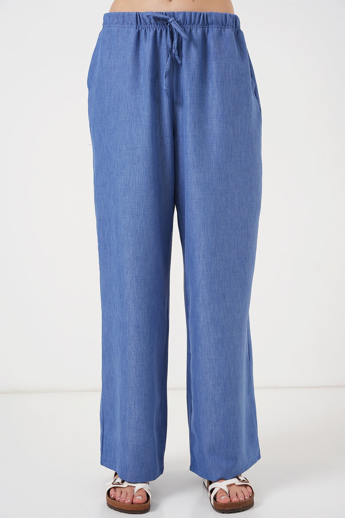 Image of Kadın Geniş Paça Keten Pantolon 6735 - İndigo