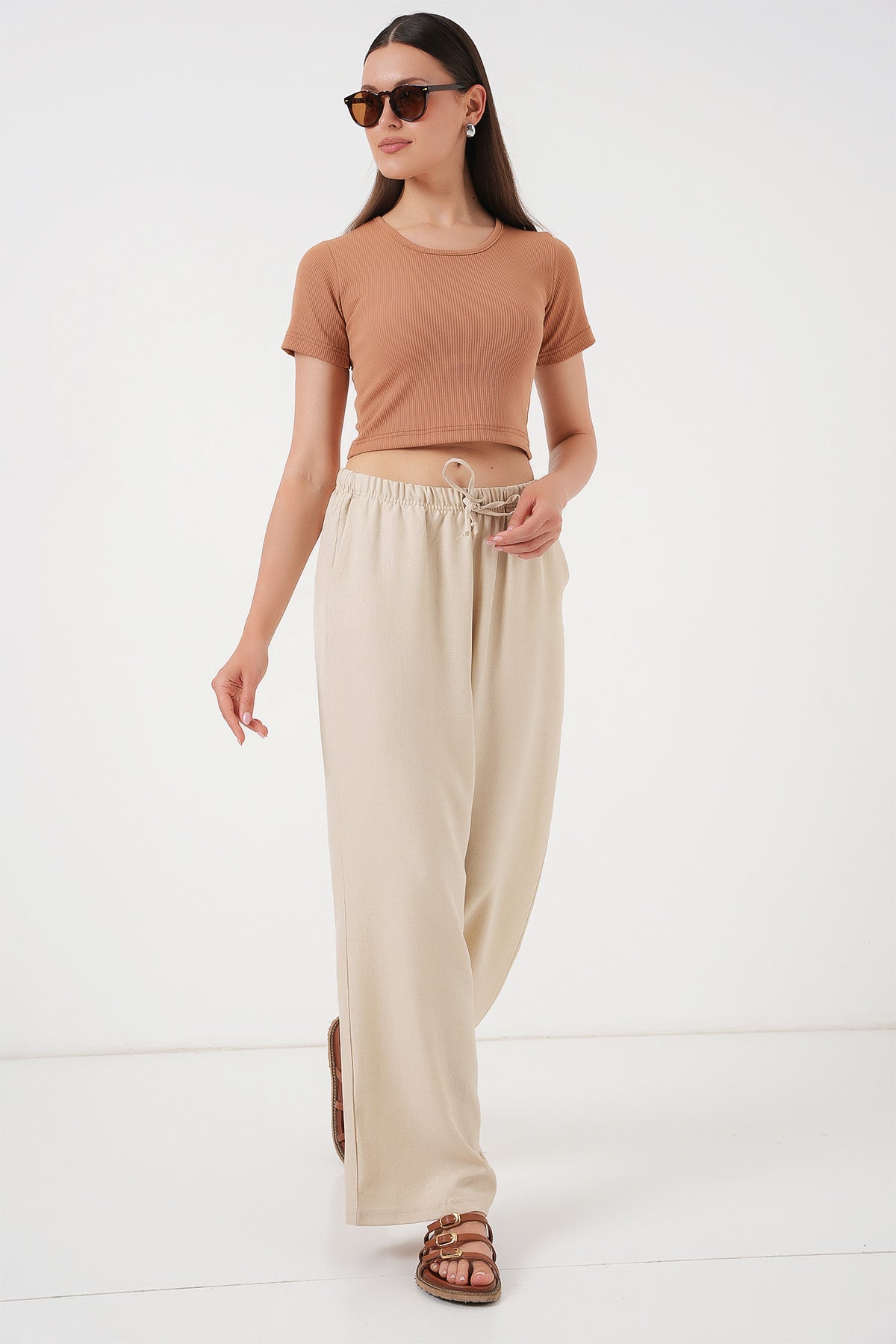 Image of Kadın Geniş Paça Keten Pantolon 6735 - Krem