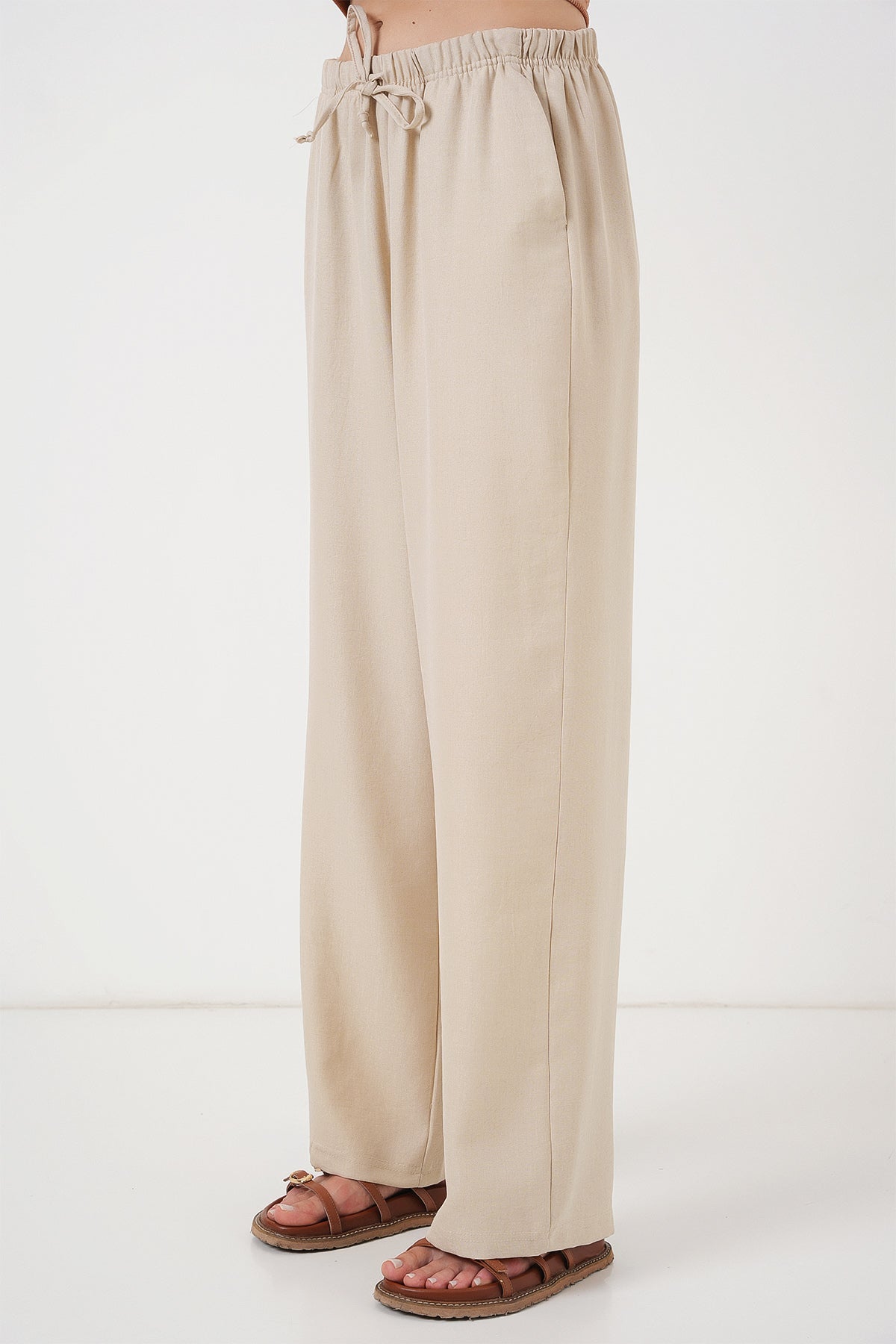 Image of Kadın Geniş Paça Keten Pantolon 6735 - Krem
