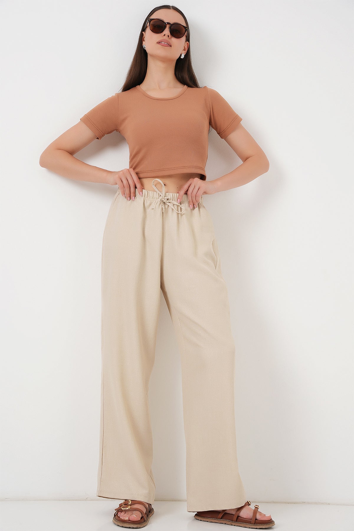 Image of Kadın Geniş Paça Keten Pantolon 6735 - Krem