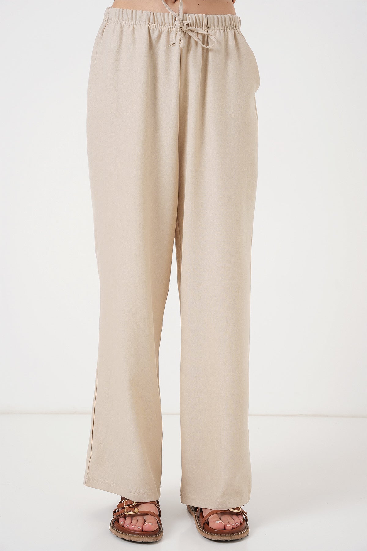 Image of Kadın Geniş Paça Keten Pantolon 6735 - Krem