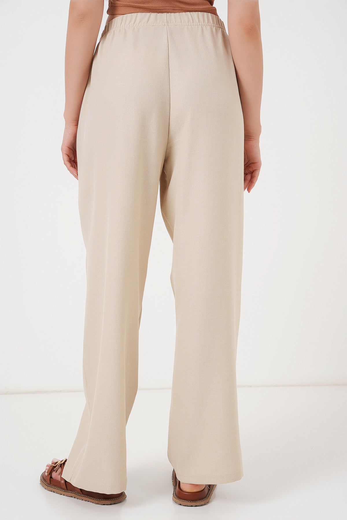 Image of Kadın Geniş Paça Keten Pantolon 6735 - Krem