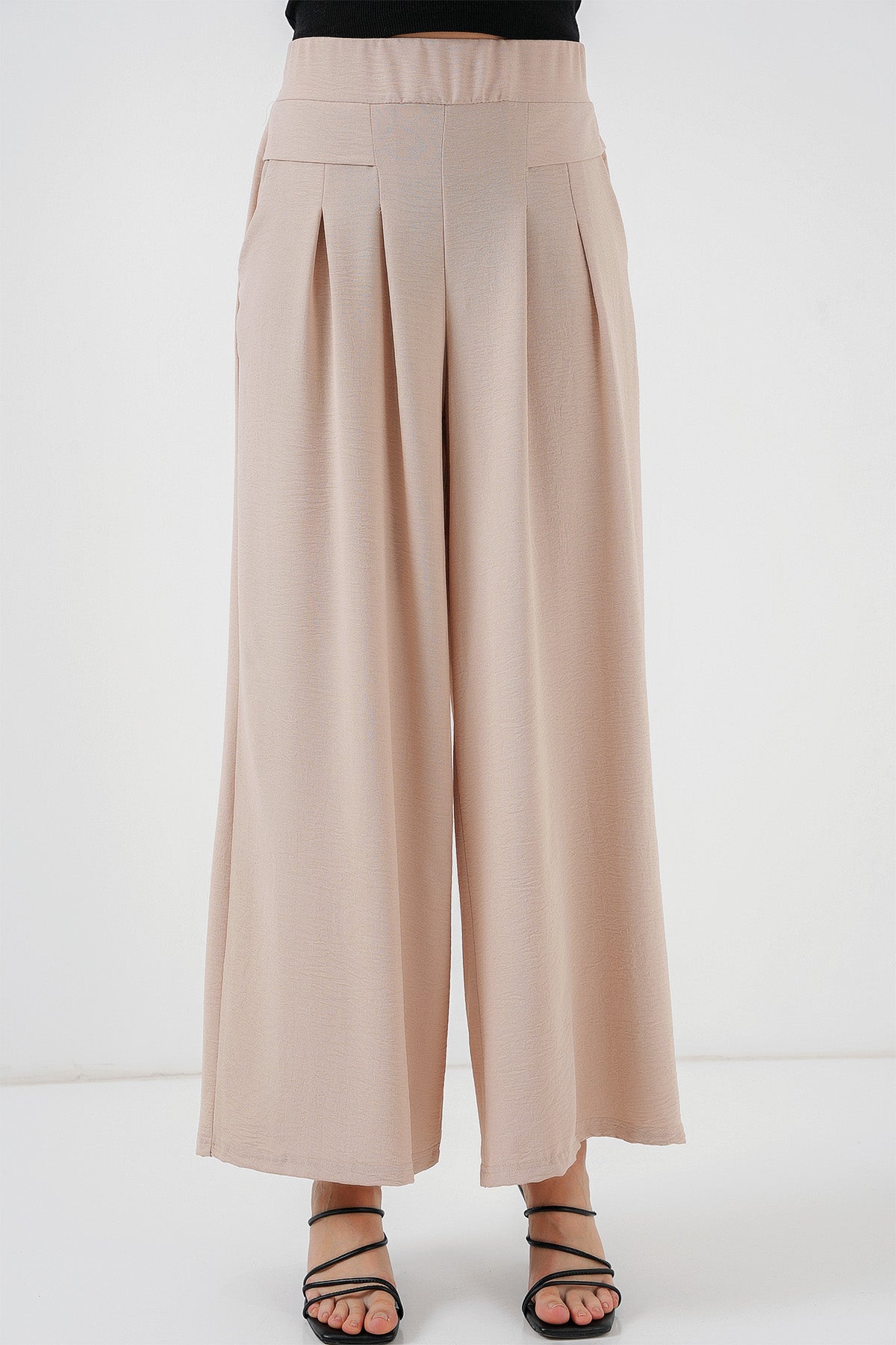 Image of Kadın Geniş Paça Pileli Pantolon 6718 - Krem
