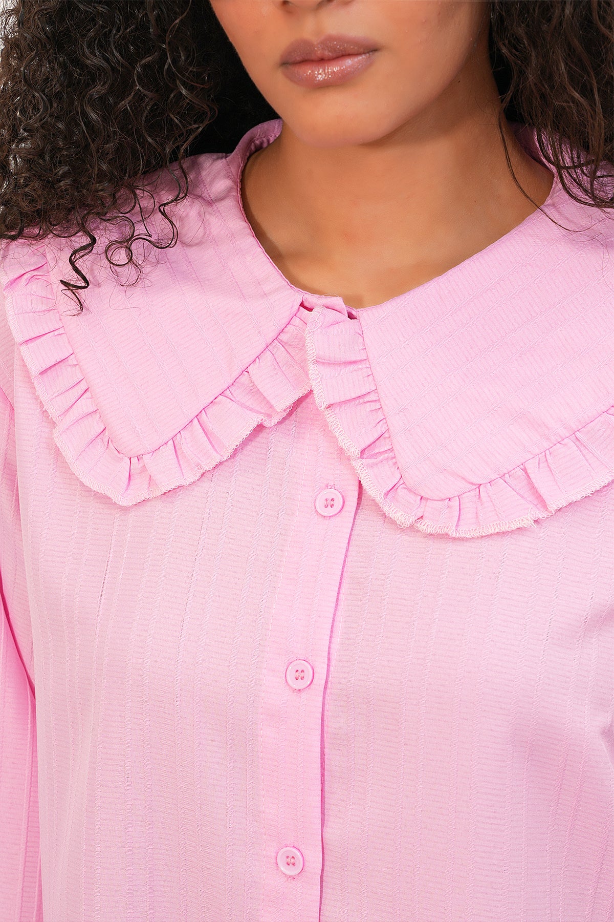 Image of Kadın Geniş Yaka Fırfır Detaylı Çizgili Tunik Gömlek 5993 - Pembe