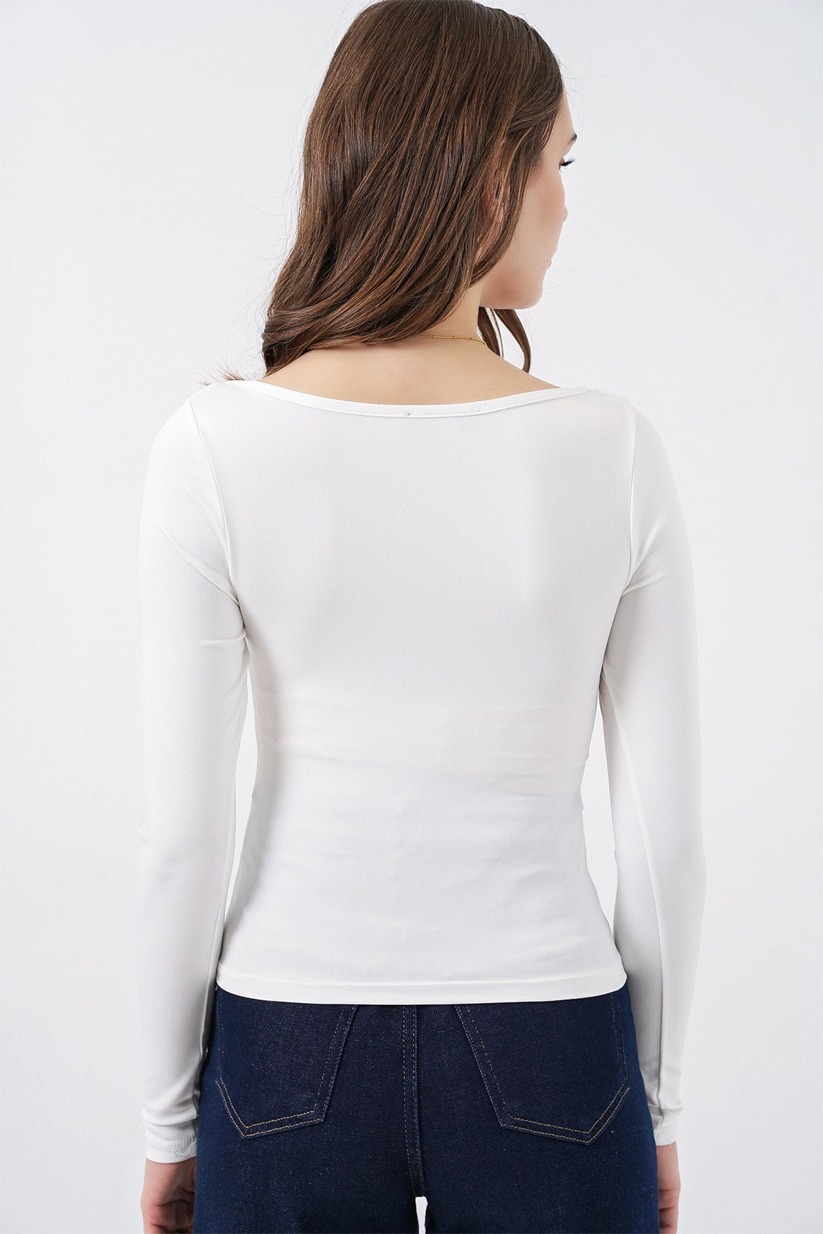 Image of Kadın Kare Yaka Slim Fit Bluz 986 - Beyaz