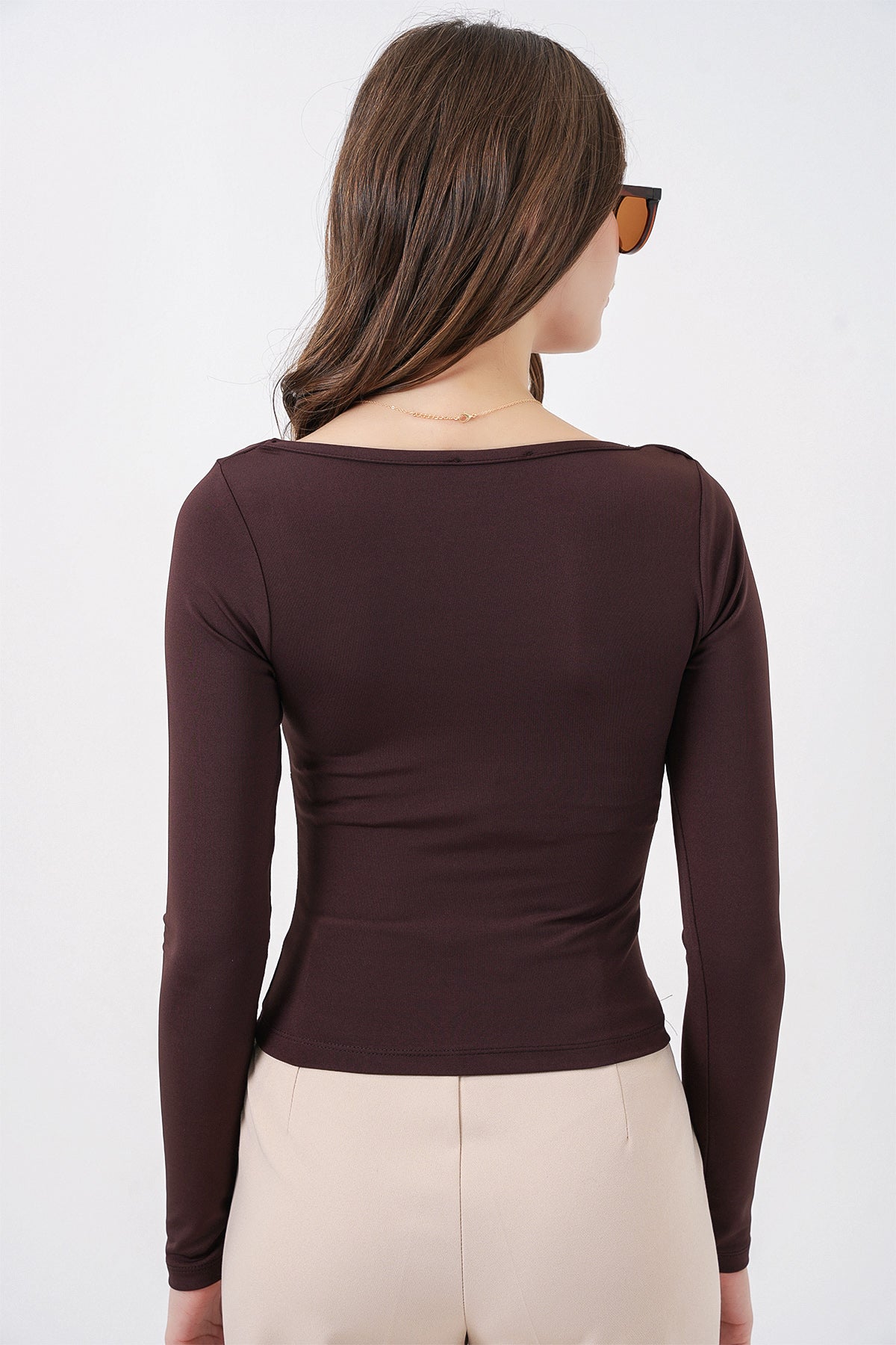Image of Kadın Kare Yaka Slim Fit Bluz 986 - Kahverengi