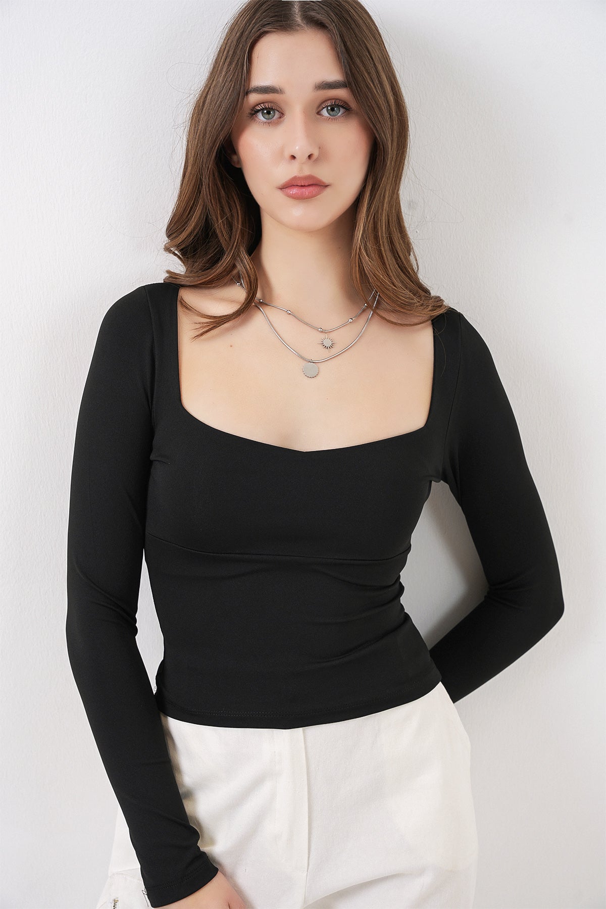 Image of Kadın Kare Yaka Slim Fit Bluz 986 - Siyah