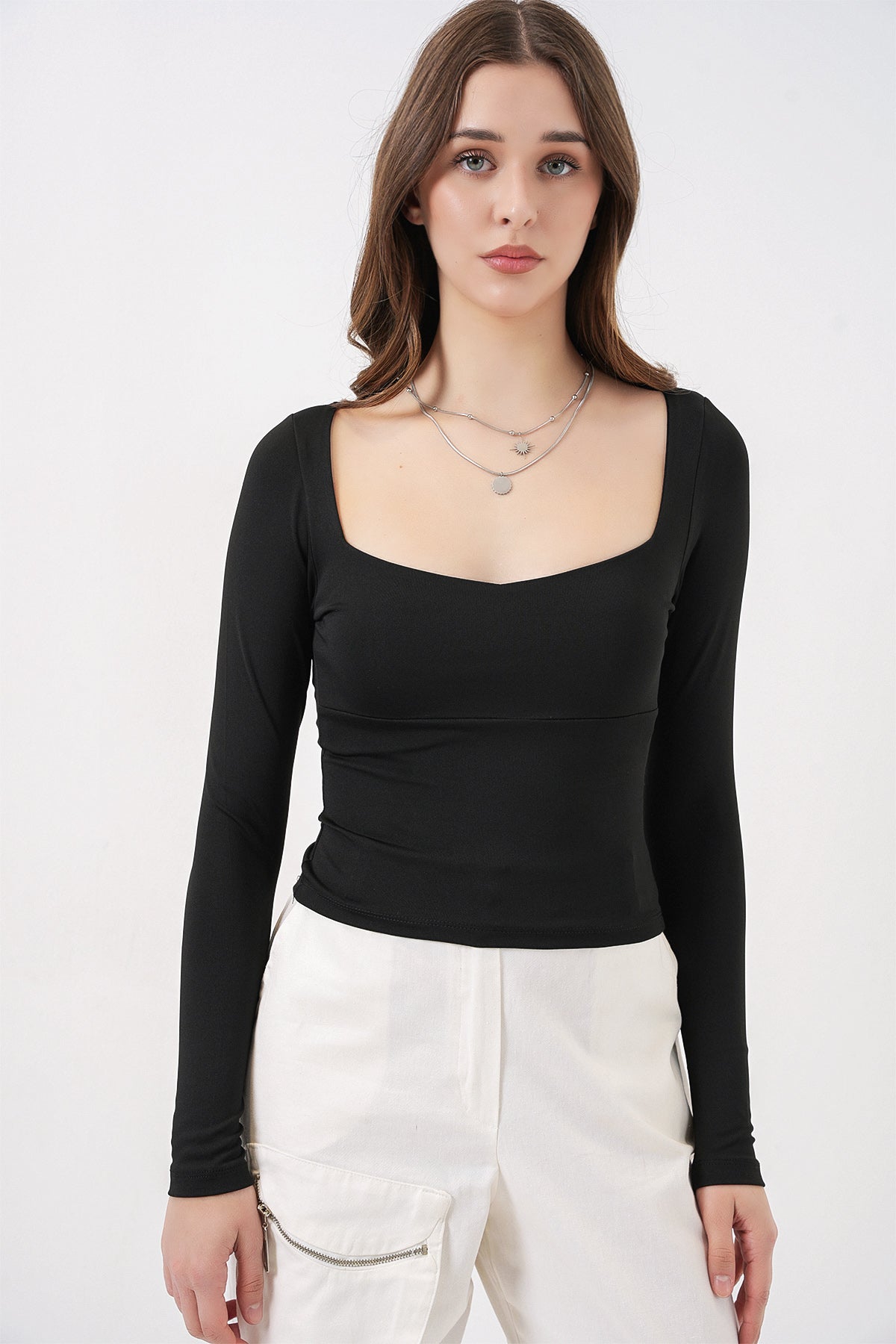 Image of Kadın Kare Yaka Slim Fit Bluz 986 - Siyah
