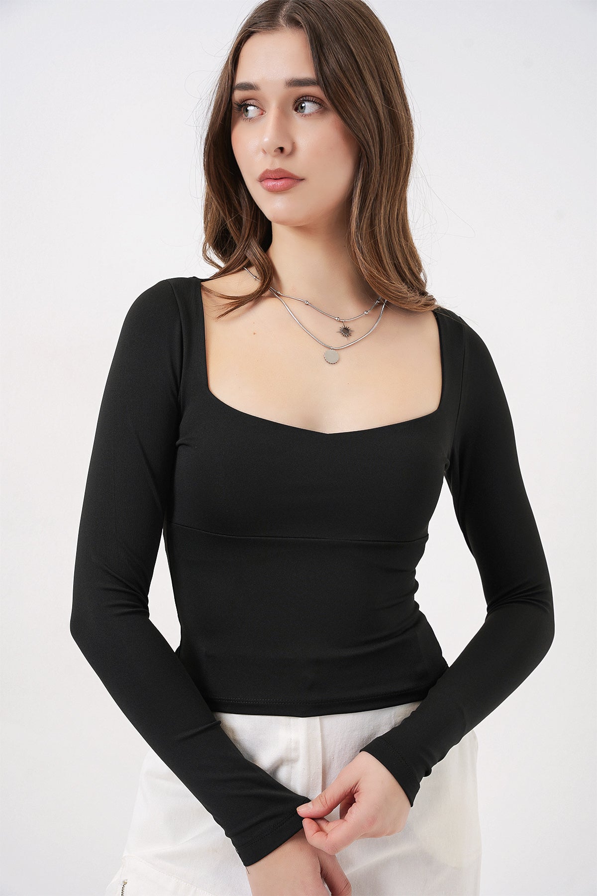 Image of Kadın Kare Yaka Slim Fit Bluz 986 - Siyah