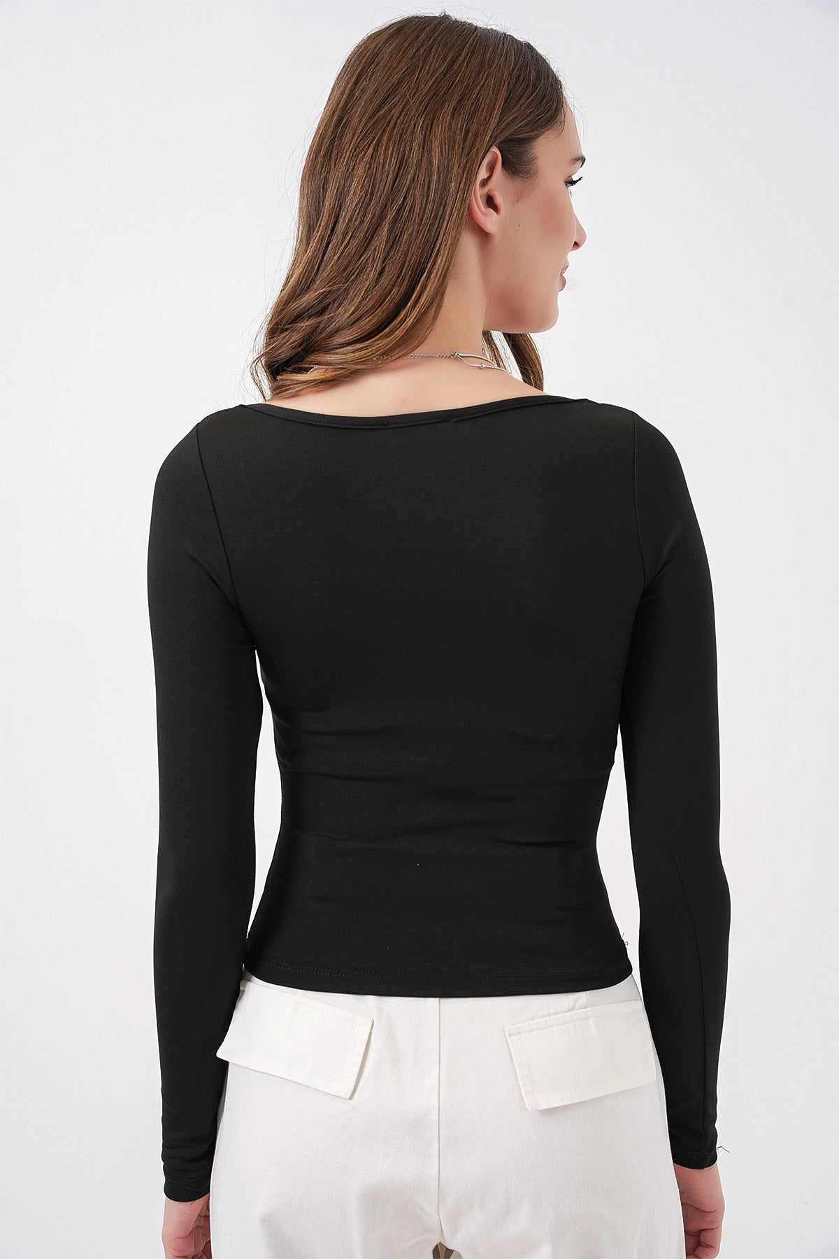 Image of Kadın Kare Yaka Slim Fit Bluz 986 - Siyah