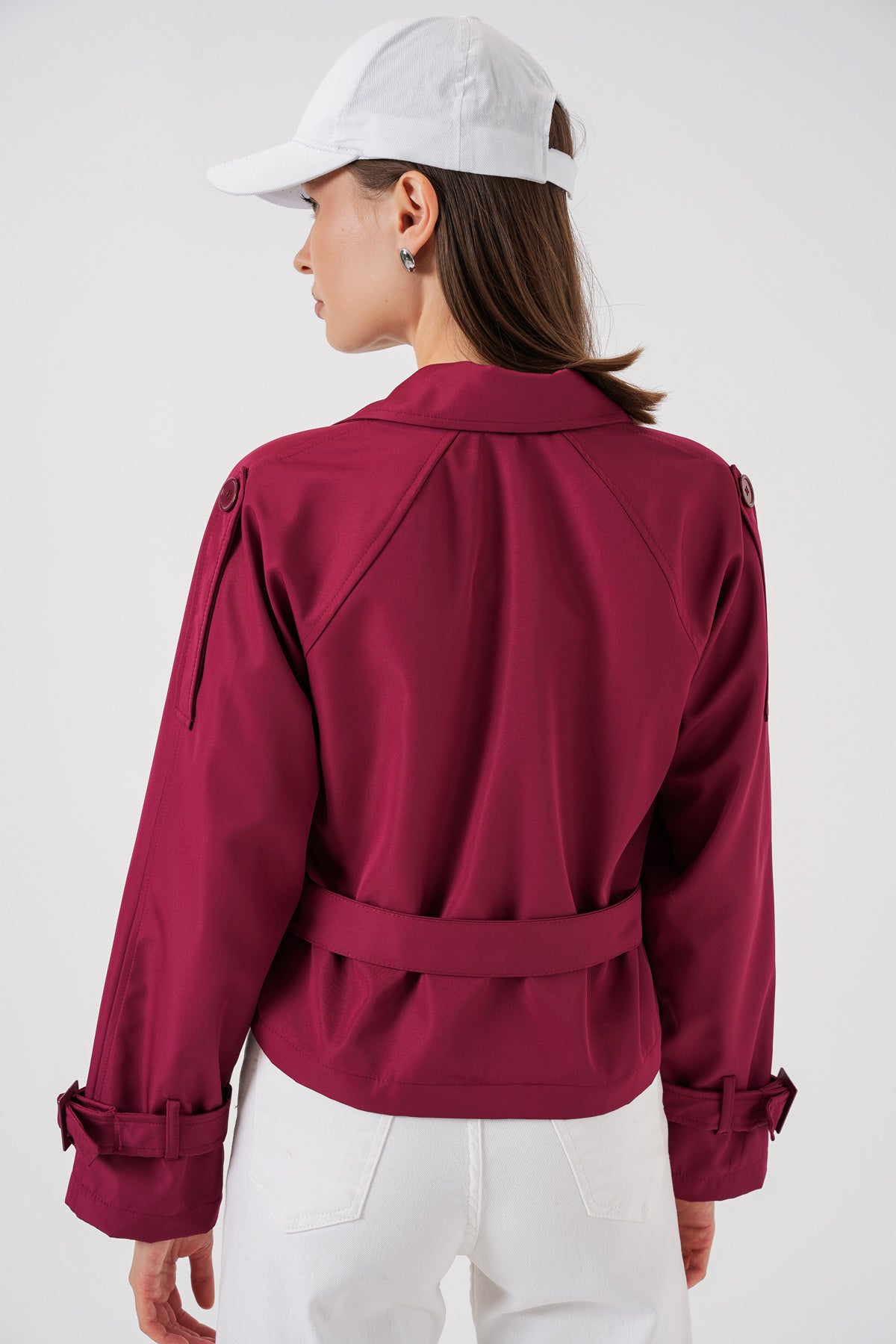 Image of Kadın Kemerli Kısa Trençkot 5970 - Bordo