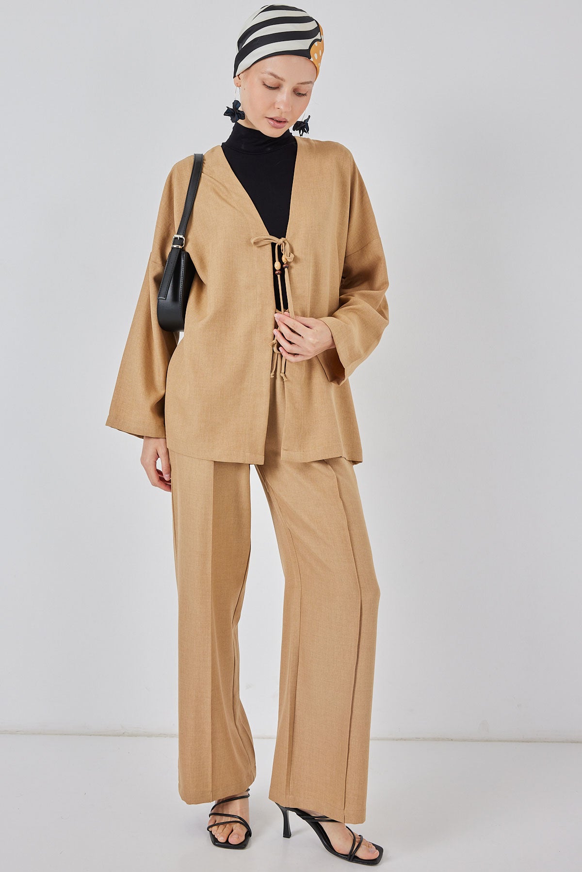 Image of Set de două piese kimono din in pentru femei 6727 - Biscuit