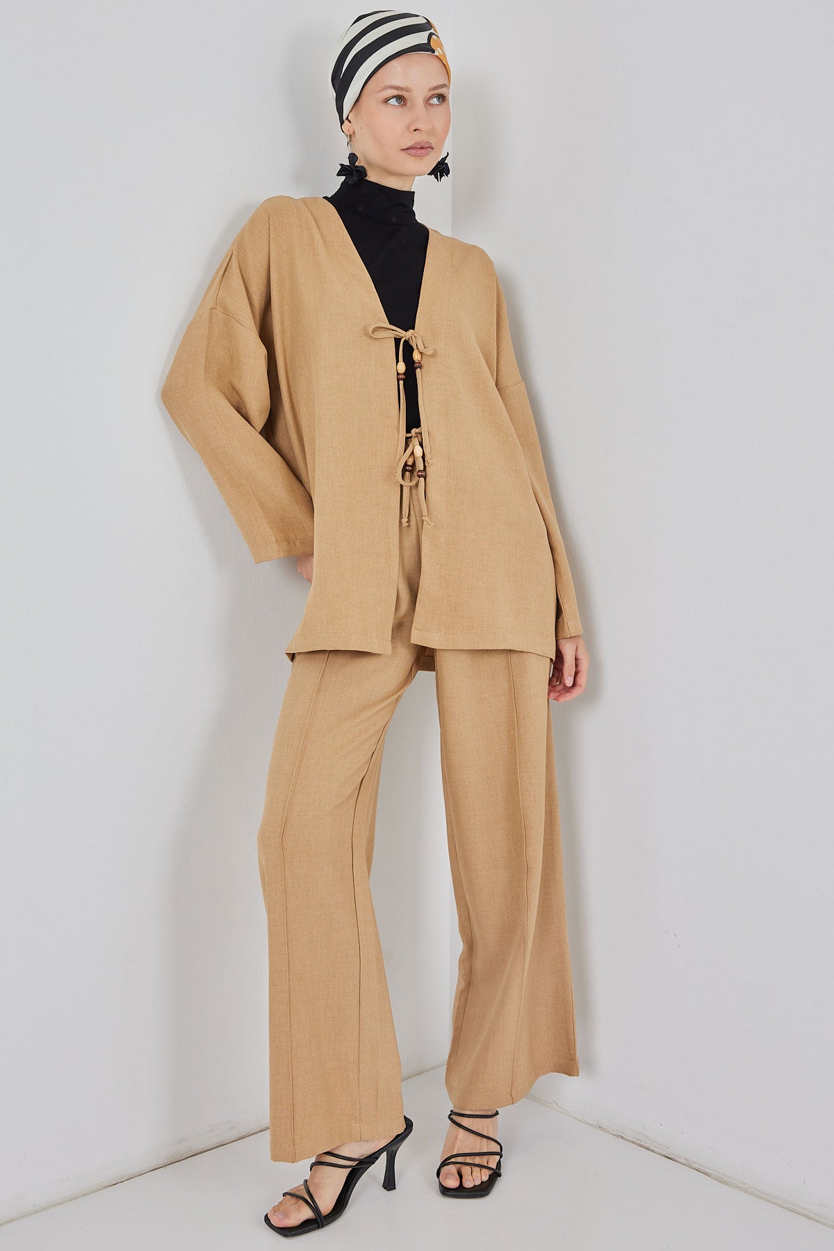 Image of Set de două piese kimono din in pentru femei 6727 - Biscuit